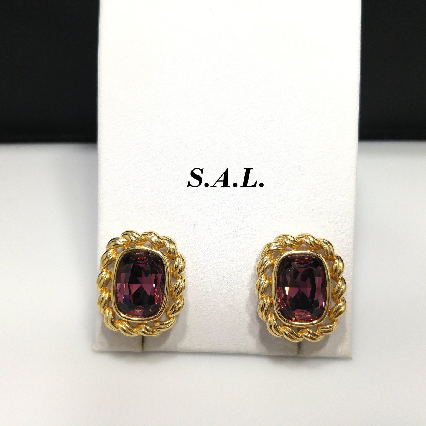 Swarovski S.A.L. Earrings, Purple Crystal Clip Ons, Gold Rope Design, 1970s Vintage Jewelry