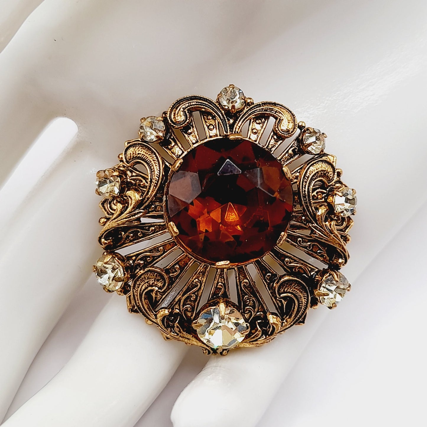 Vintage 1940s Topaz Rhinestone Filigree Brooch West Germany Style - 1 3/8 Inches