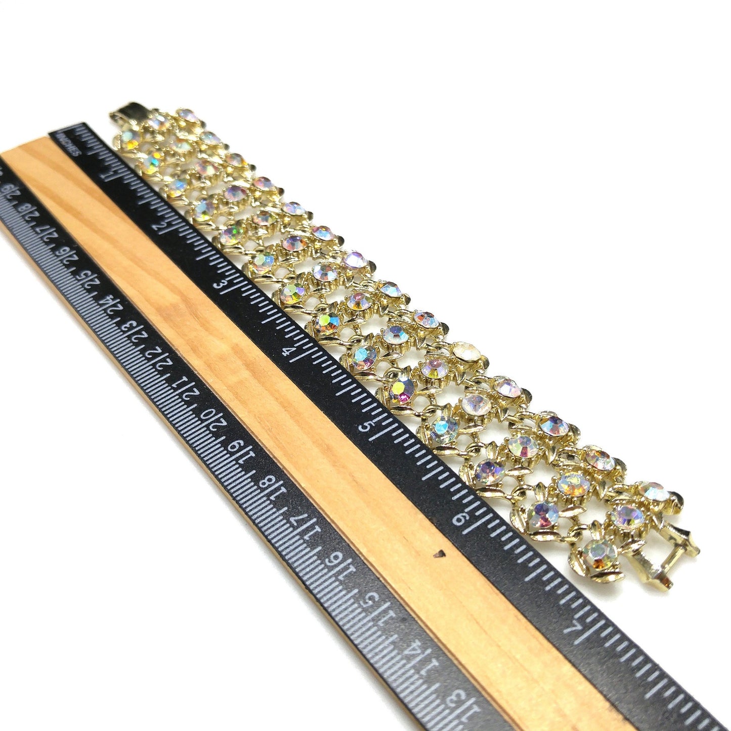 Vintage Aurora Borealis Rhinestone Wide Bracelet, Gold Plated, 1960s
