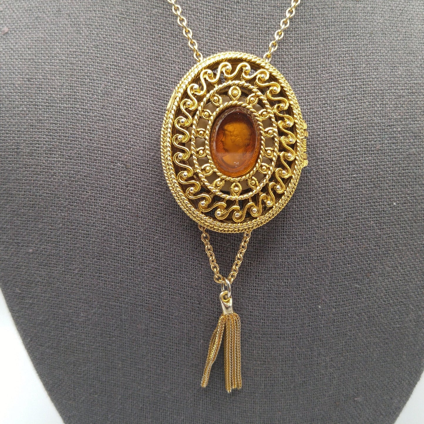 Glass Cameo Perfume Locket Necklace, 30" Chain, 1960s Vintage Jewelry