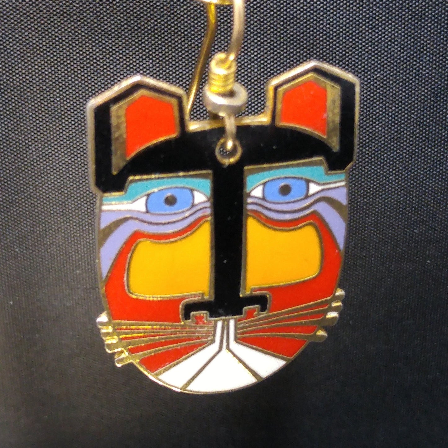 Laurel Burch "Miikio" Earrings, Gold Plated Enamel Large Cat Faces, 1980s Vintage Jewelry