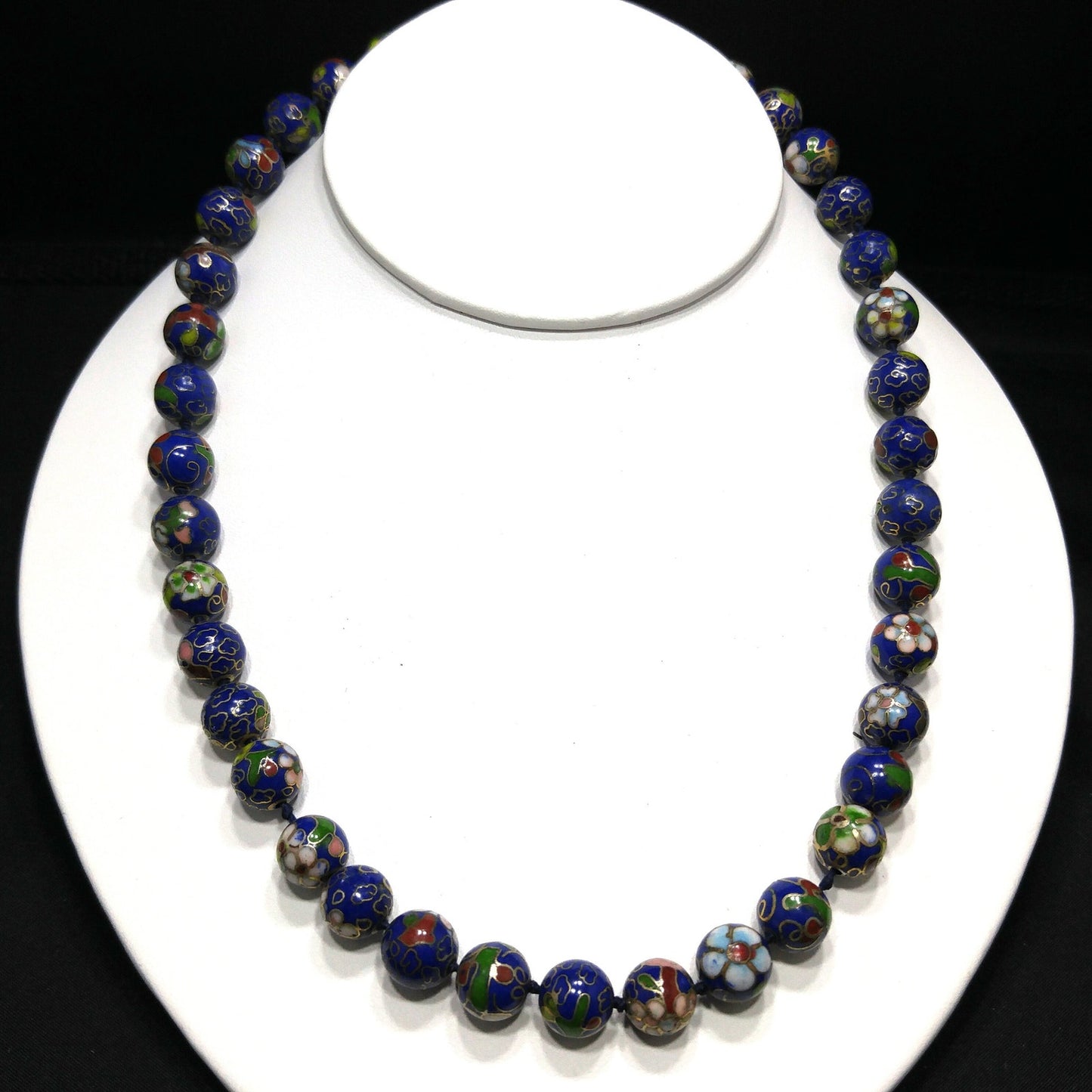 Cloisonne Blue Beaded Necklace, Floral Hand Painted Beads, 1960s Vintage Jewelry
