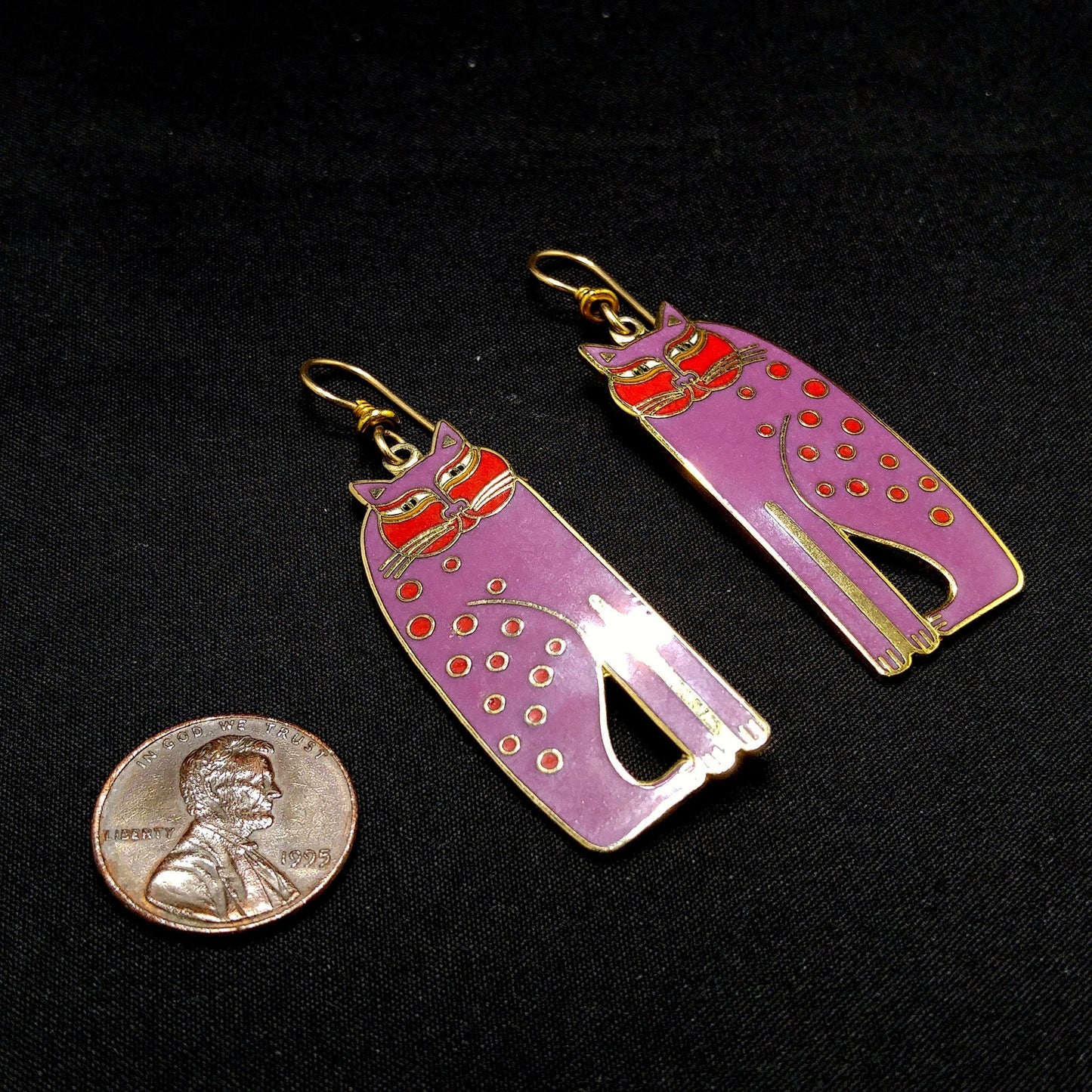 Laurel Burch "Siamese Cats" Long Earrings, Gold Plated, Purple Enamel, 1980s Vintage Jewelry