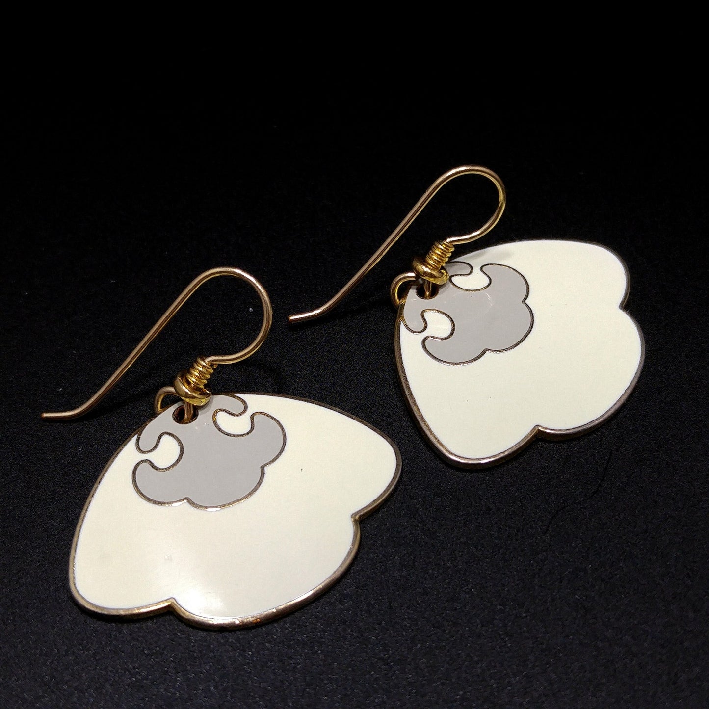 Vintage Laurel Burch Cream Scalloped Fan Earrings, Cream & Gray, Gold Plated