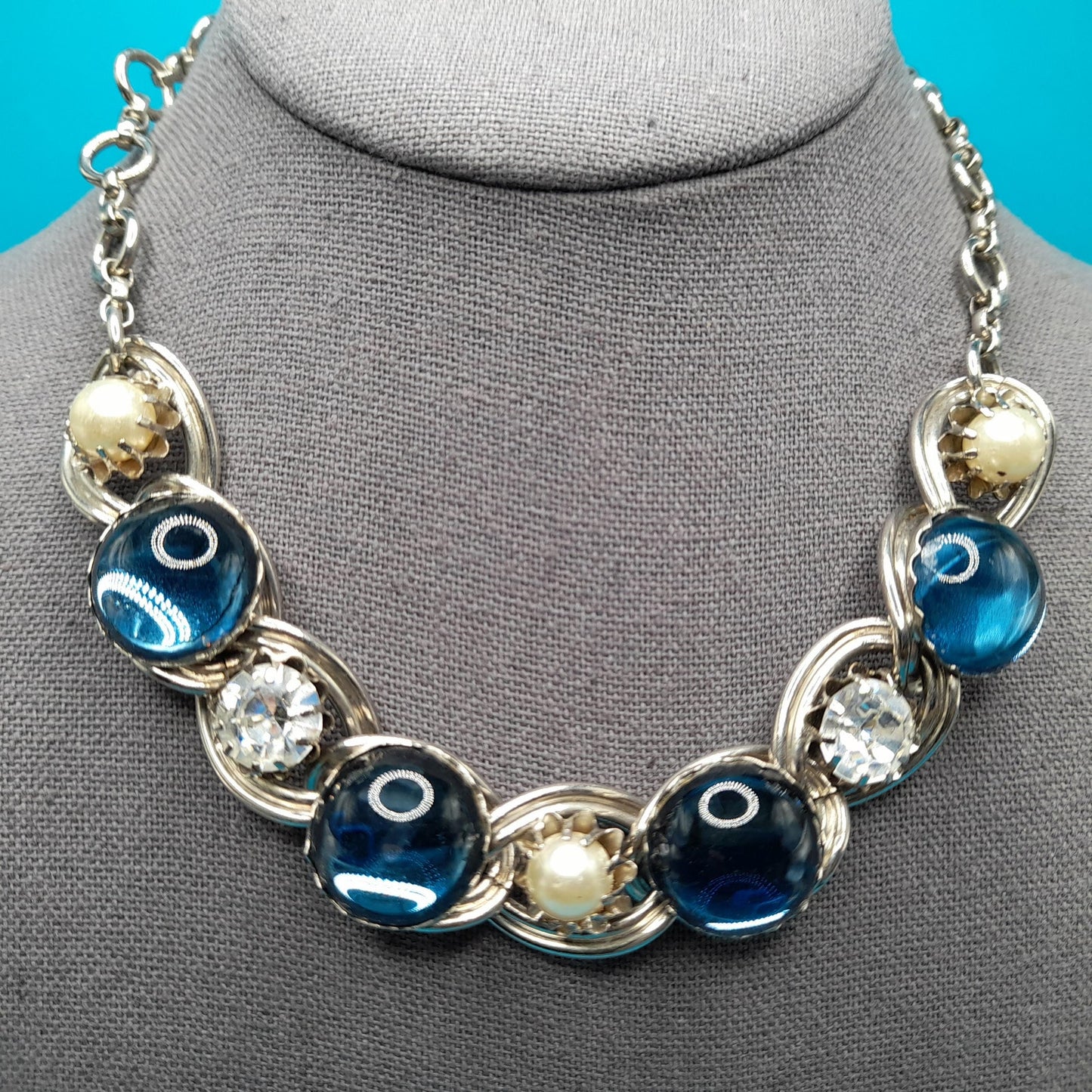 Vintage Blue Cabochon Choker Necklace, Faux Pearls, Clear Rhinestones, 1950s Vintage Jewelry