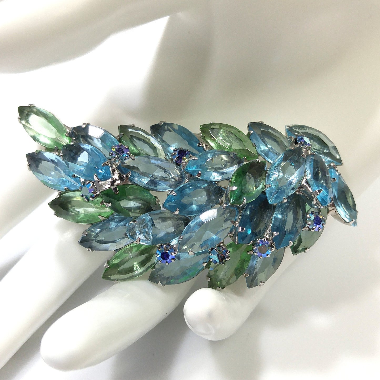 Turquoise & Green Rhinestone Brooch, Rhodium Plated, 1960s Vintage Jewelry