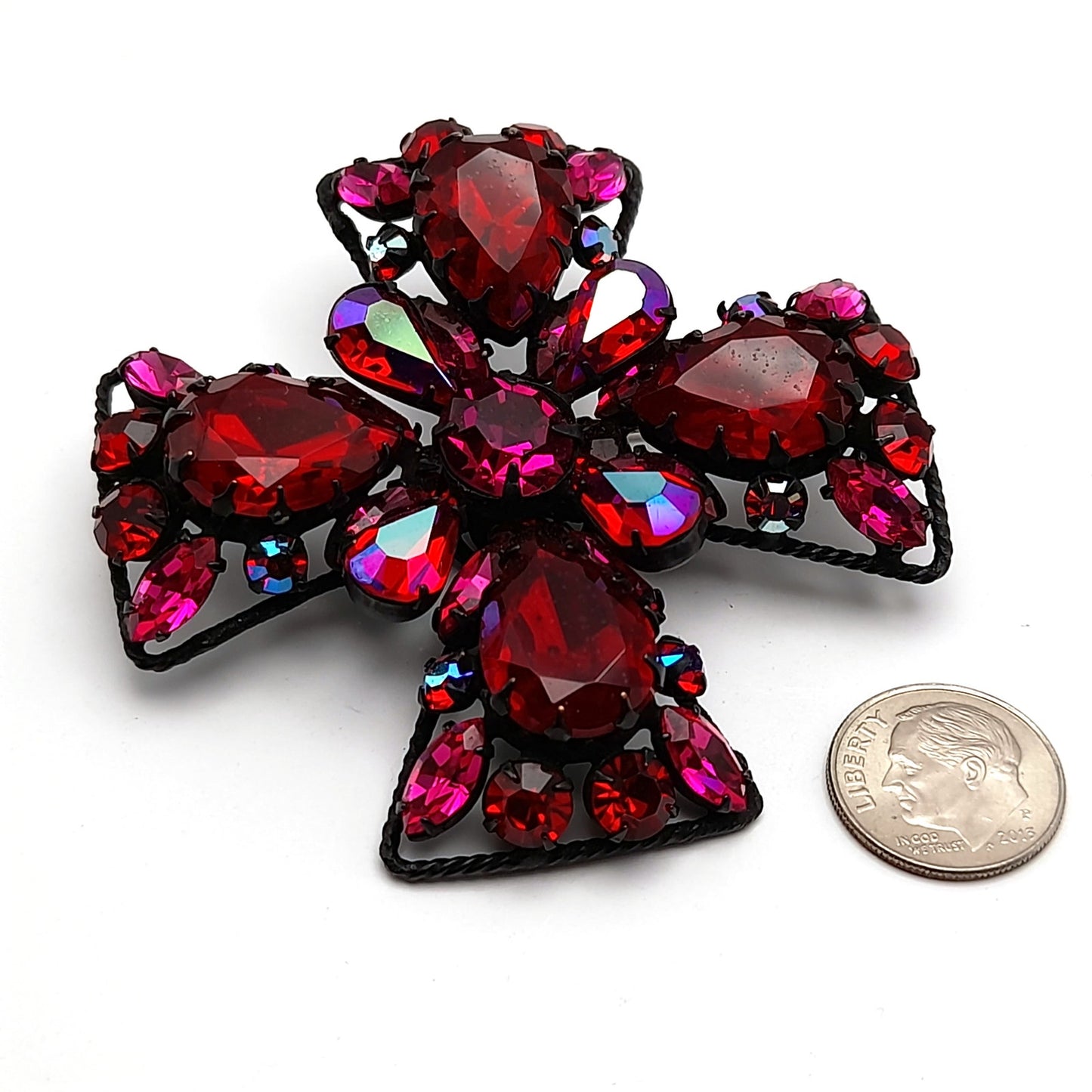 Signed Regency Red Pink Japanned Rhinestone Maltese Cross Brooch
