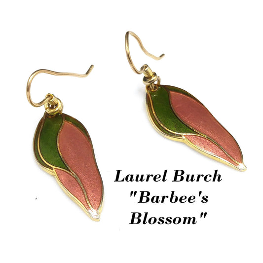 Laurel Burch "Barbee's Blossom" Earrings, Green & Dusty Pink, Gold Plated, 1980s