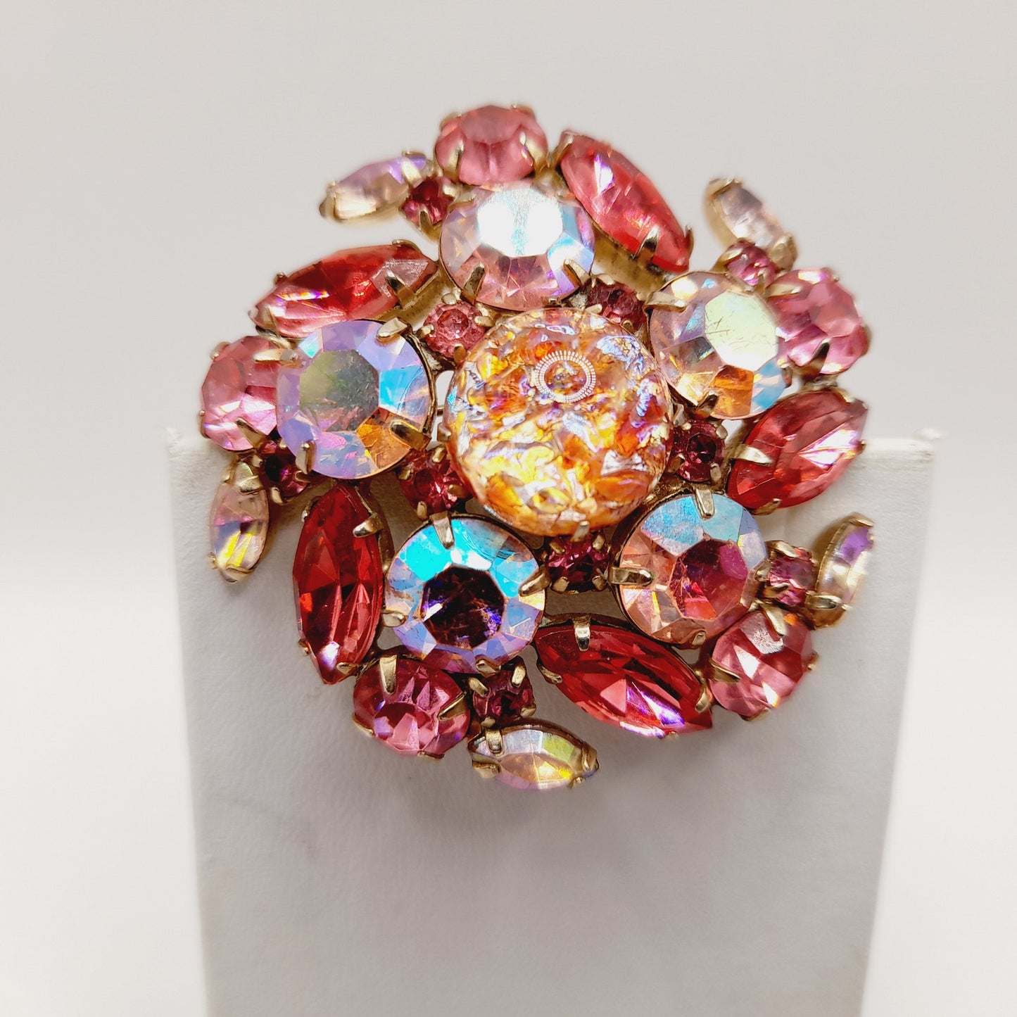 Vintage Pink Rhinestone Brooch, Dragon’s Breath Glass, Gold Tone, 1950s