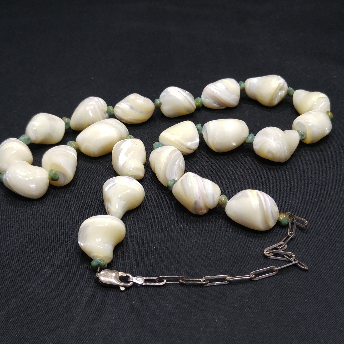 Beaded Shell Chrysoprase Necklace, Sterling Silver Italy, 1980s Vintage Jewelry