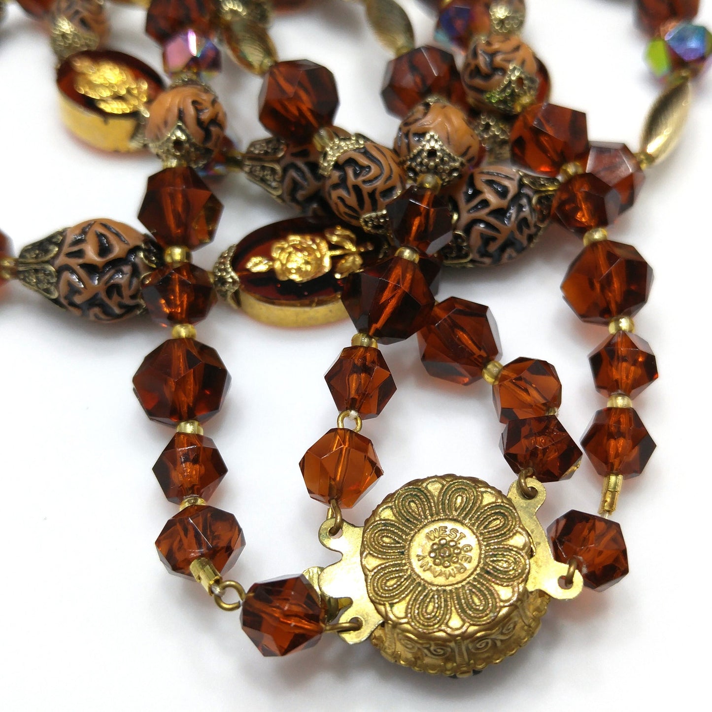 Western Germany Art Bead Floral Necklace, Two Strands, Button Box Clasp, 1950s Vintage Jewelry