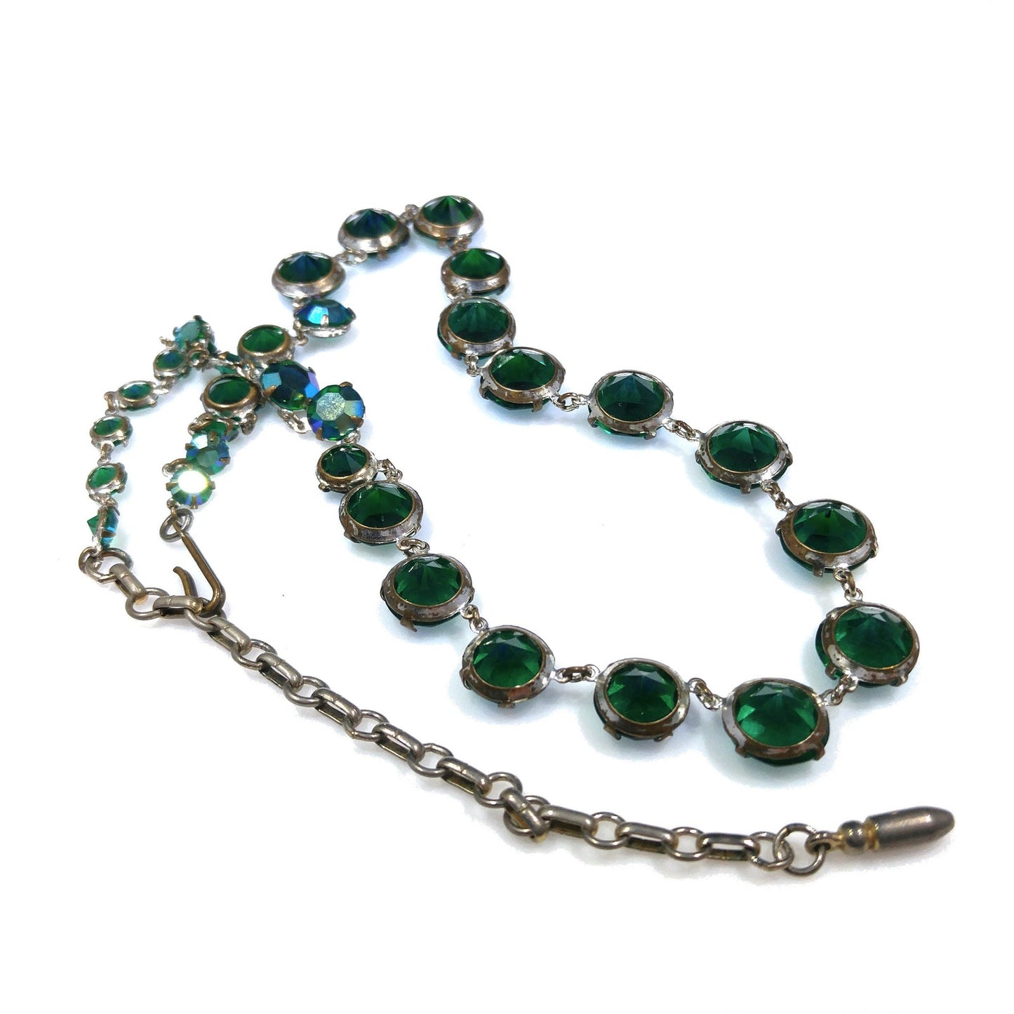 Green Aurora Borealis Crystal Art Deco Rivière Glass Necklace, 20 Inches, 1950s Vintage Jewelry