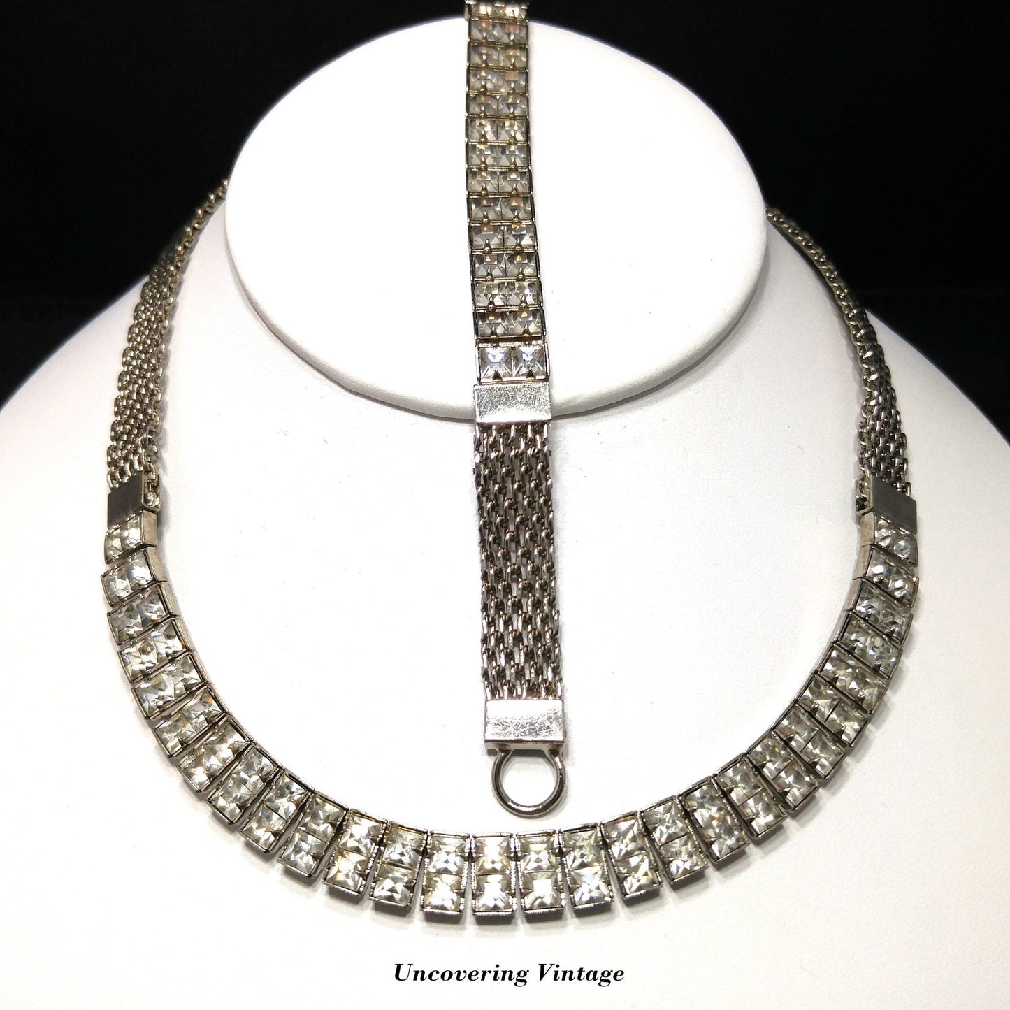 Art Deco Clear Rhinestone Choker Necklace Bracelet Set, Silver Tone Mesh, 1950s Vintage Jewelry