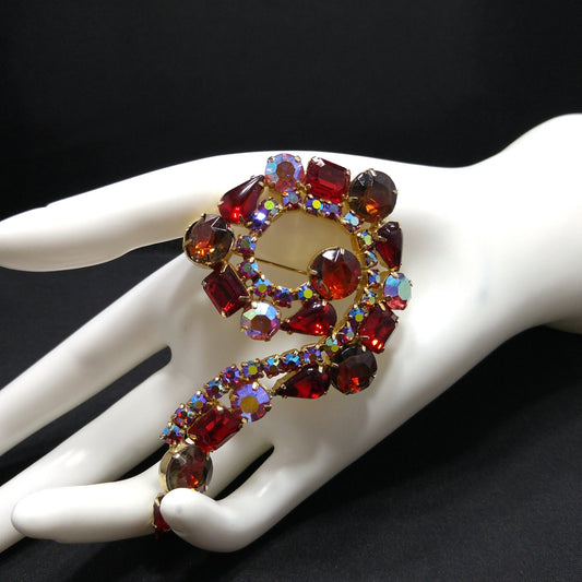Red Aurora Borealis Rhinestone Question Mark Brooch, Gold Plated, 1960s Vintage Jewelry