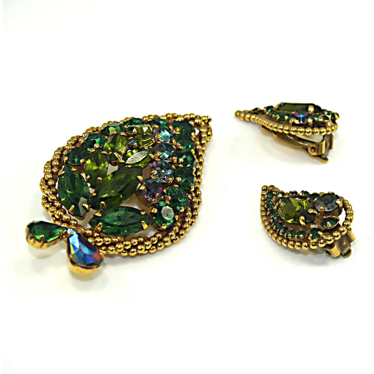 Weiss 1950s Emerald & Vitrail Rhinestone Leaf Brooch & Earrings Set – Gold Beaded Design