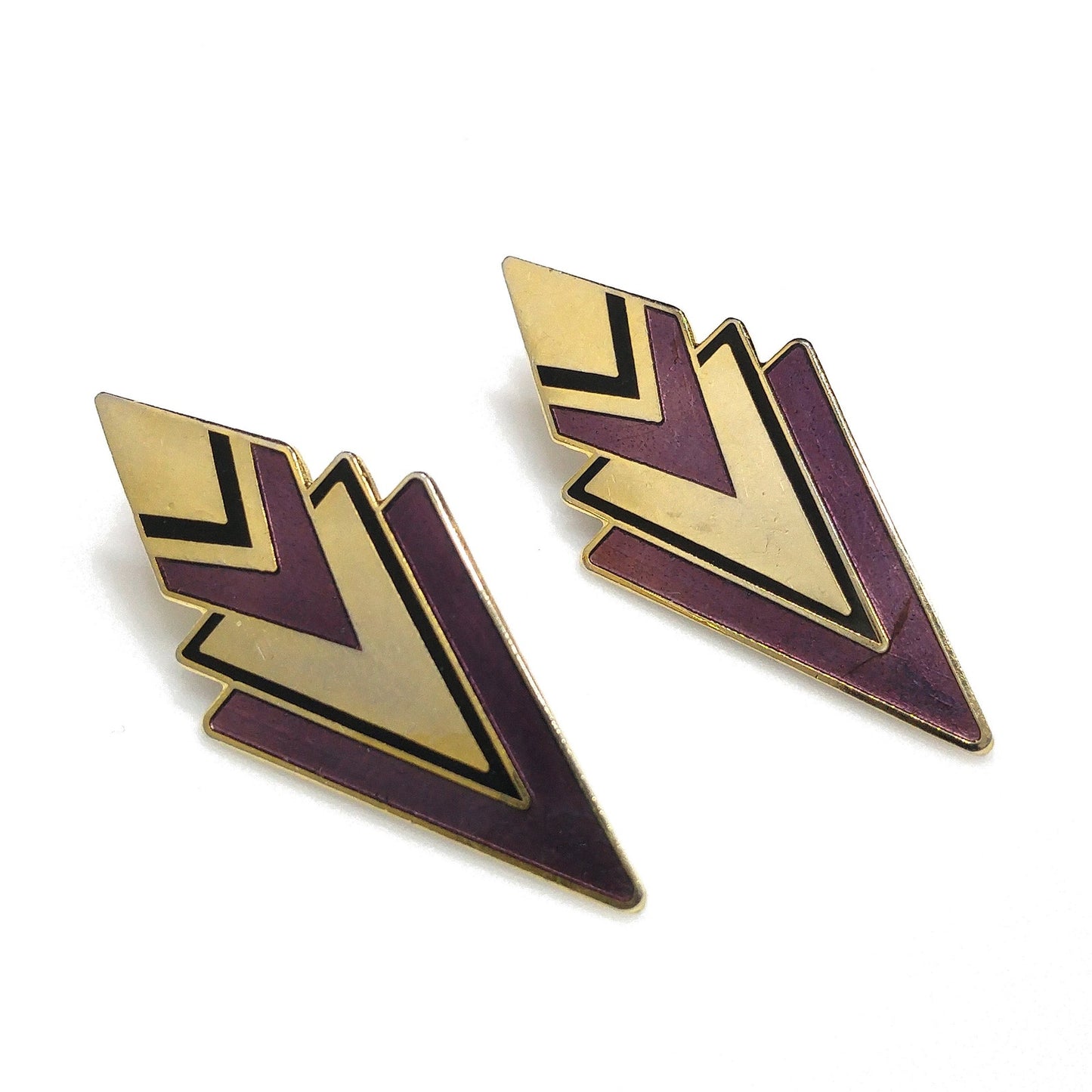 Vintage Laurel Burch Post Earrings, Gold Plated, Plum Black Enamel