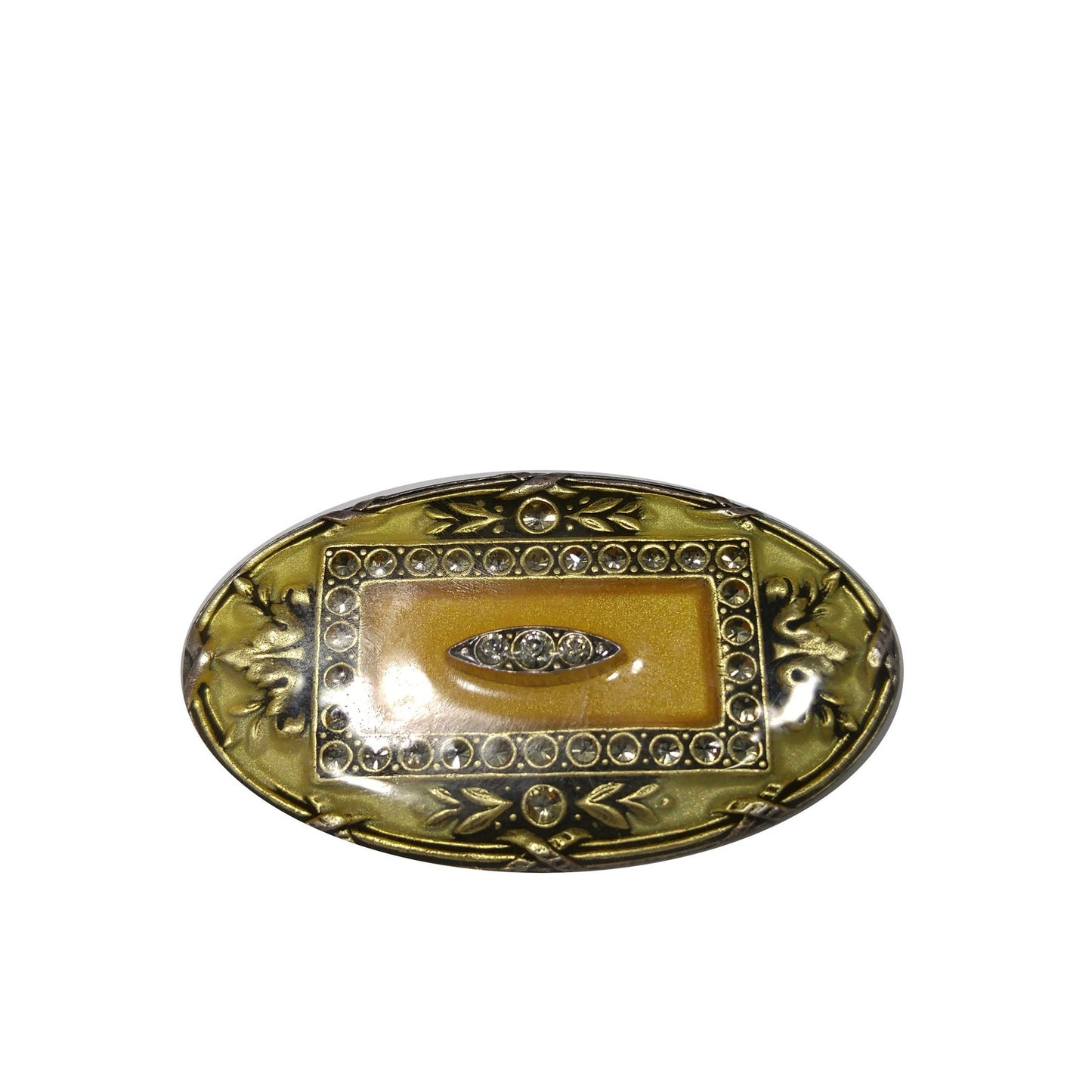 Catherine Popesco Oval Brooch, Cream & Gold Enamel, Rhinestones Under Enamel, France, 1980s Vintage Jewelry