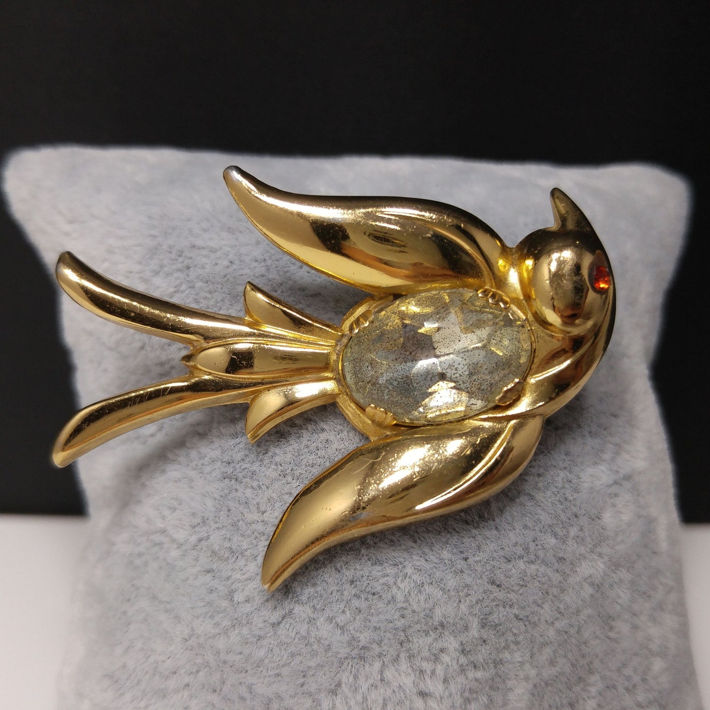Coro Pegasus Bird Brooch, Clear Faceted Rhinestone Red Eye, 1940s Vintage Jewelry