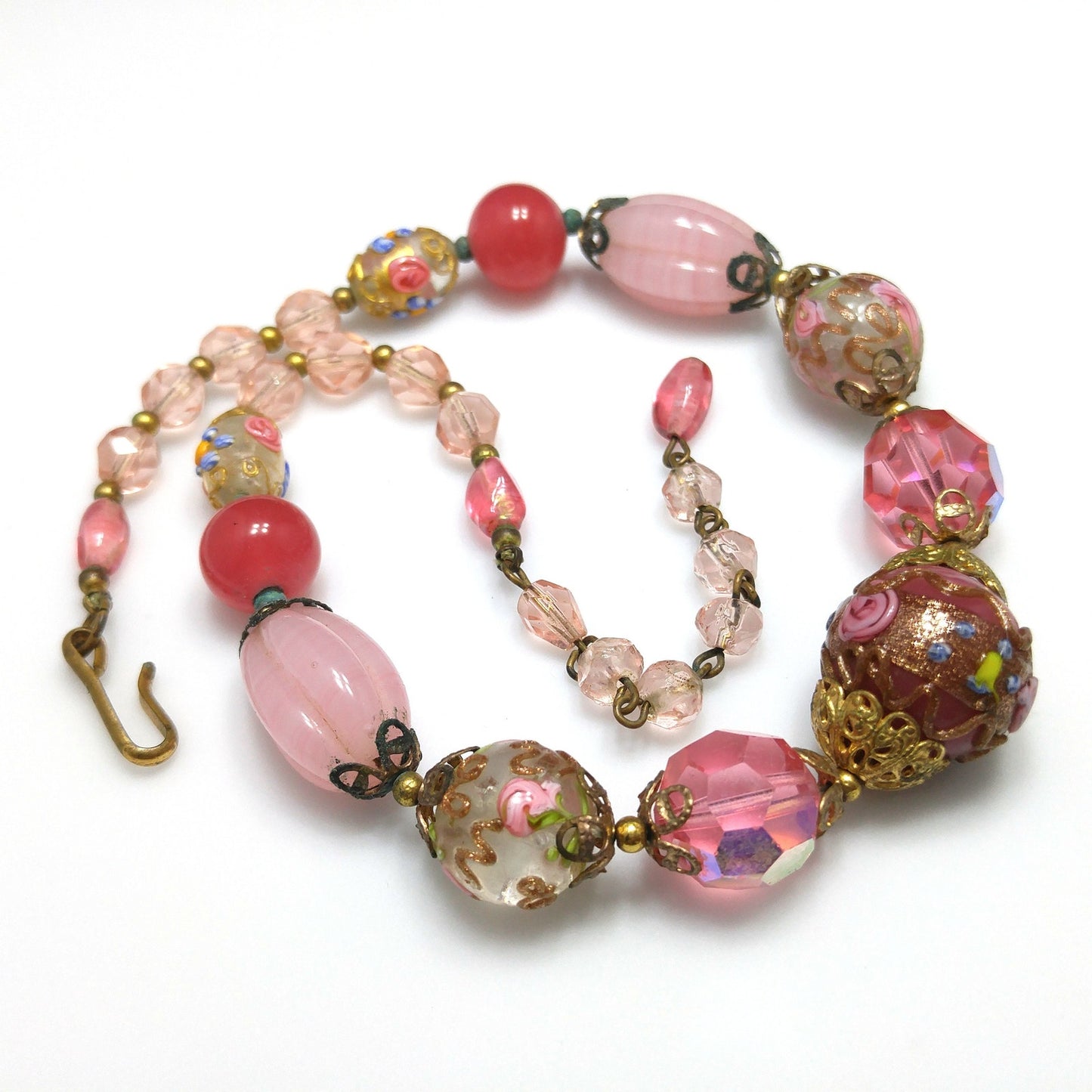 Wedding Cake Pink Choker Necklace, Crystal & Molded Beads, 1940s Vintage Jewelry