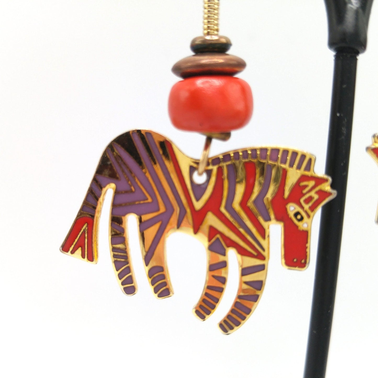 Laurel Burch "Wild Zebra" Earrings, Red Lavender Enamel, Gold Plated, 1980s Vintage Jewelry