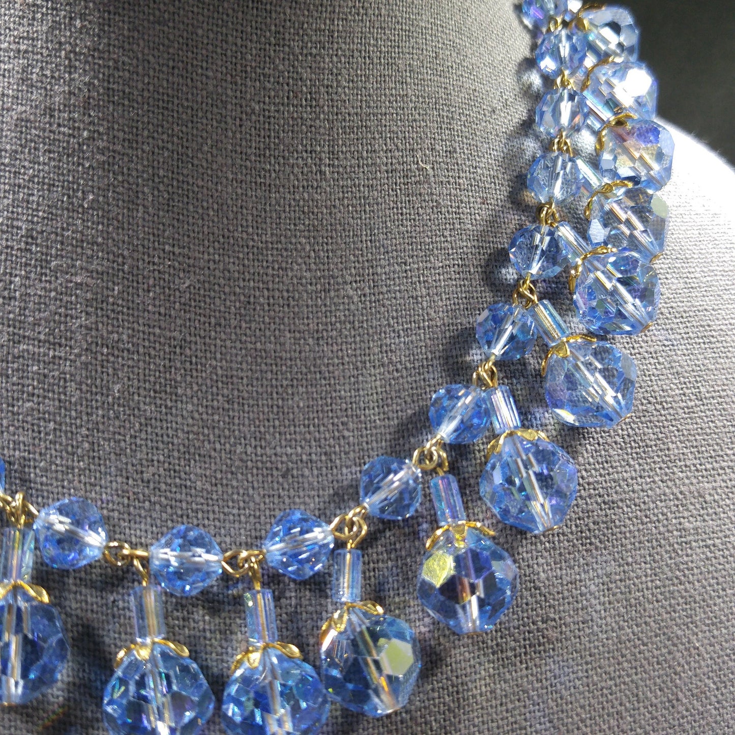 Blue Crystal Dangling Necklace, Light Blue Faceted Beads, 1960s Vintage Jewelry