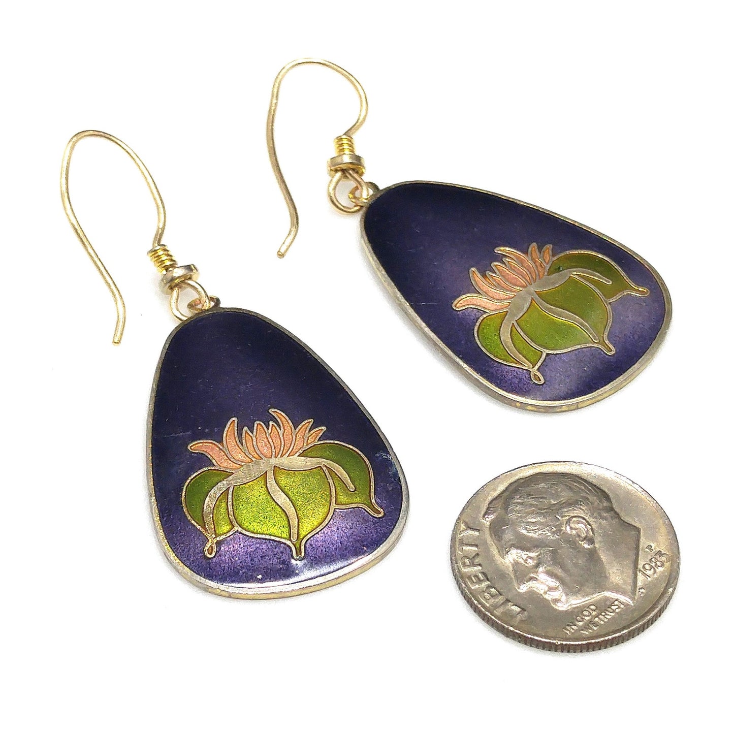 Vintage Laurel Burch Water Lily Earrings, Dark Blue Pink Green Enamel