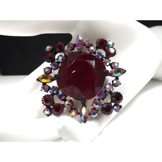 Red Large Rhinestone Aurora Borealis Brooch, Japanned Black Enamel, 1970s Vintage Jewelry