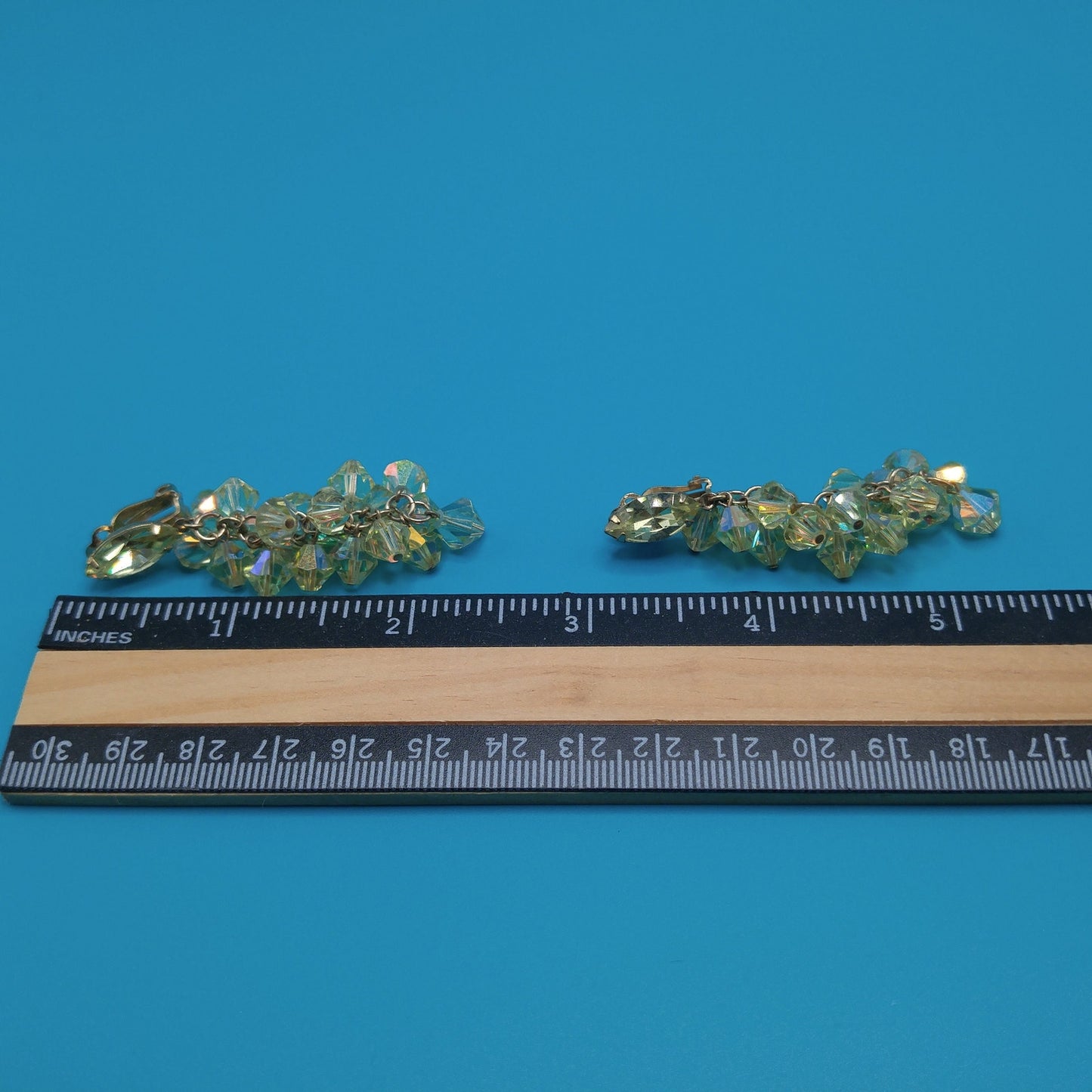Lewis Segal Yellow Drop Clip Earrings, Aurora Borealis, 1960s Vintage Jewelry
