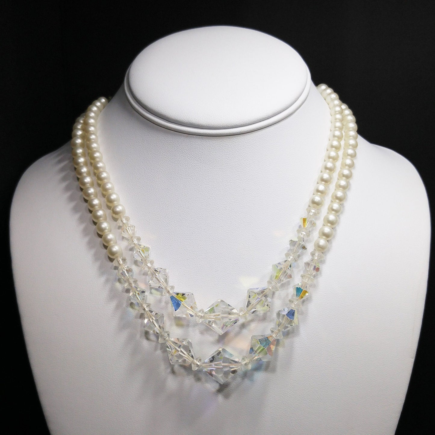 Wedding Bridal Faux Pearl AB Crystal Beaded Necklace, 2 Strands, 1950s Vintage