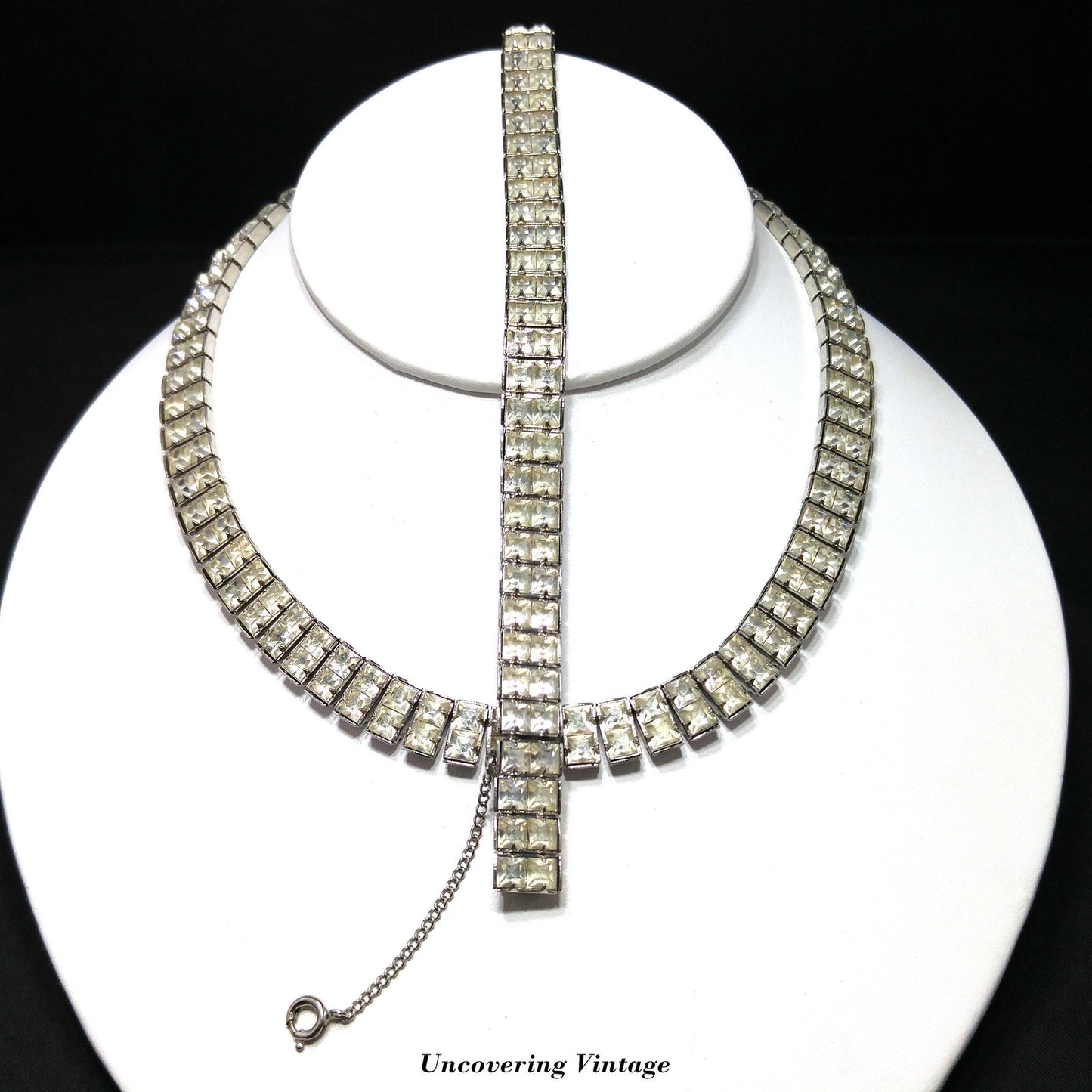 Art Deco Clear Rhinestone Choker Necklace Bracelet Set, Wedding Bridal, 1950s Vintage Jewelry