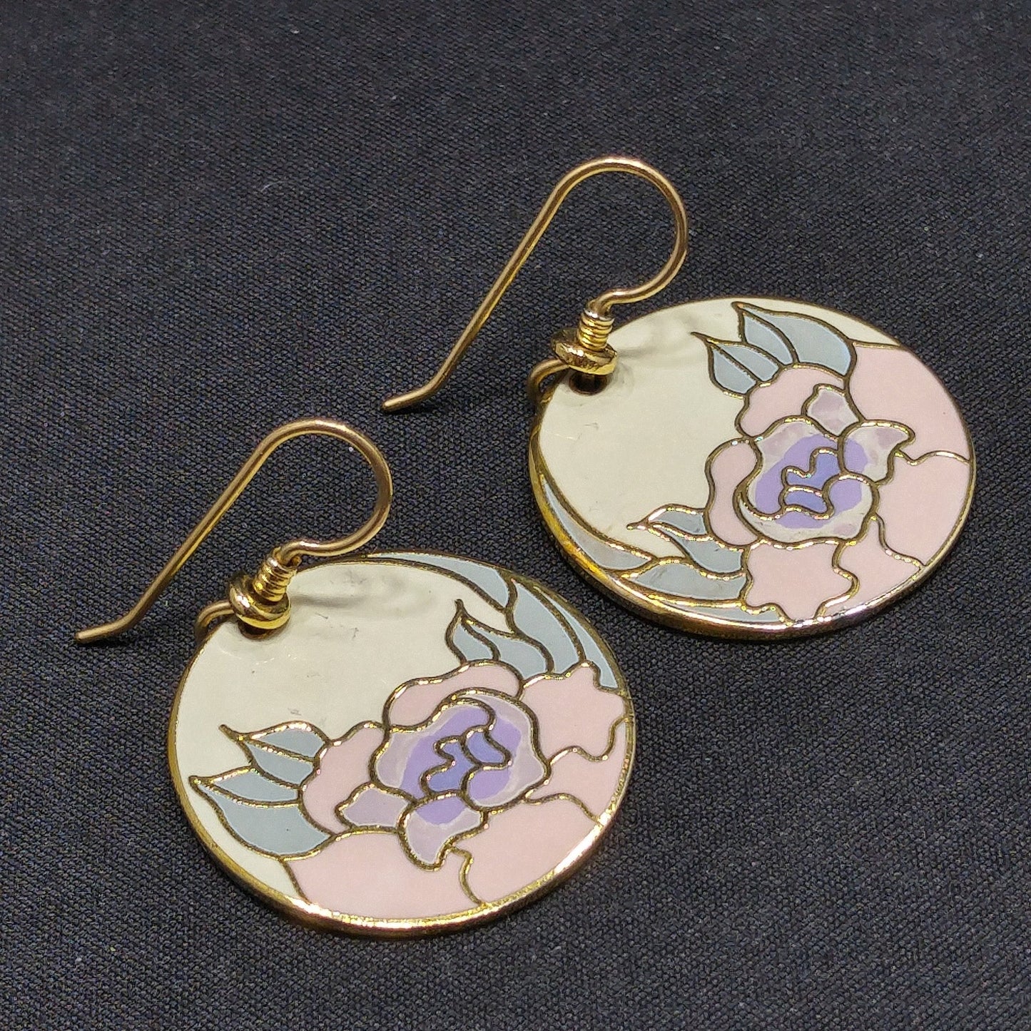 Vintage Laurel Burch "Garden Rose" Earrings, Cloisonné Gold Plated