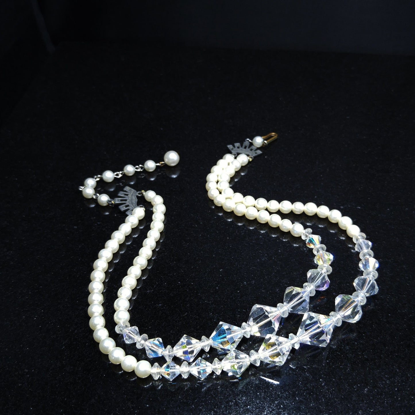 Wedding Bridal Faux Pearl AB Crystal Beaded Necklace, 2 Strands, 1950s Vintage