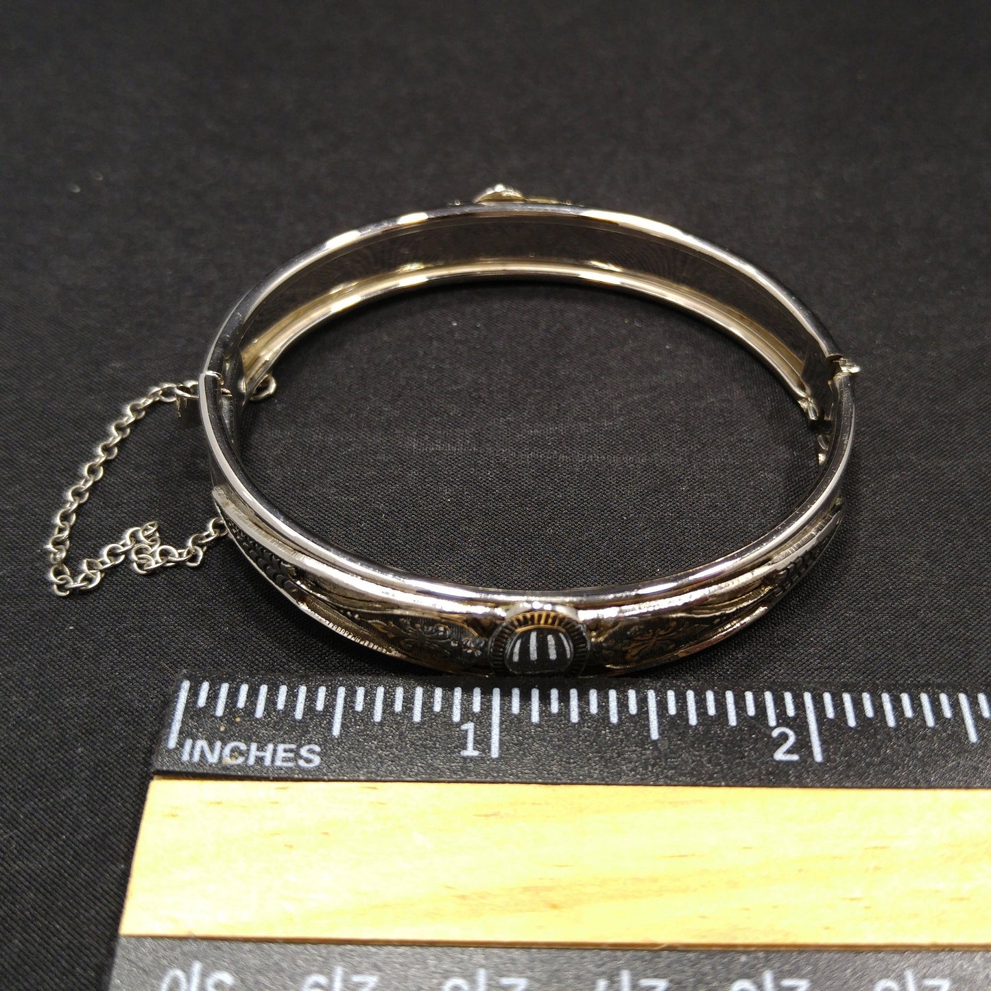 Whiting & Davis Rhodium Plated Hinged Bracelet, Safety Chain, 1960s Vintage Jewelry