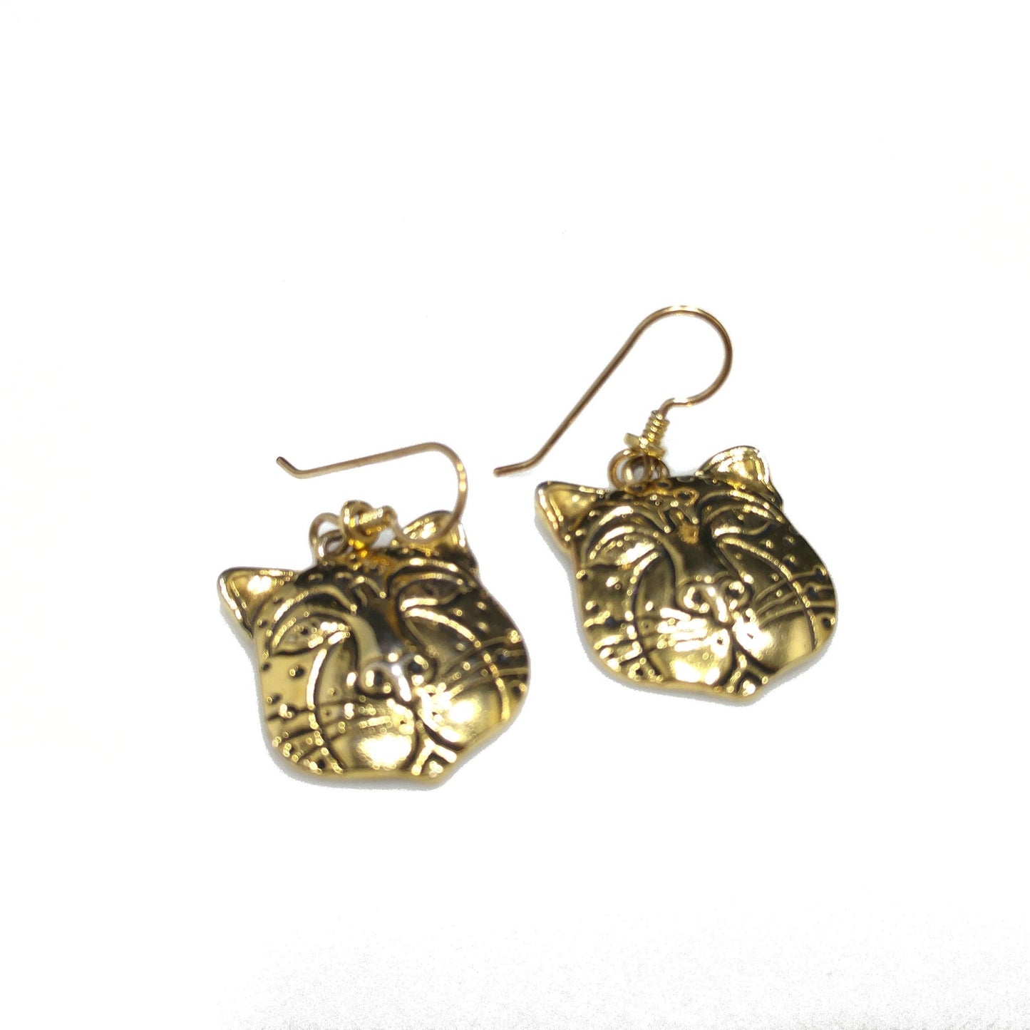 Laurel Burch Tiger Face Dangle Earrings, Gold Plated, 1980s Vintage Jewelry