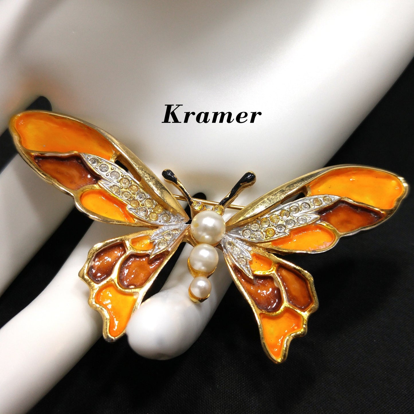 Kramer Orange Enamel Butterfly Brooch, Gold Plated, 1960s Vintage Jewelry