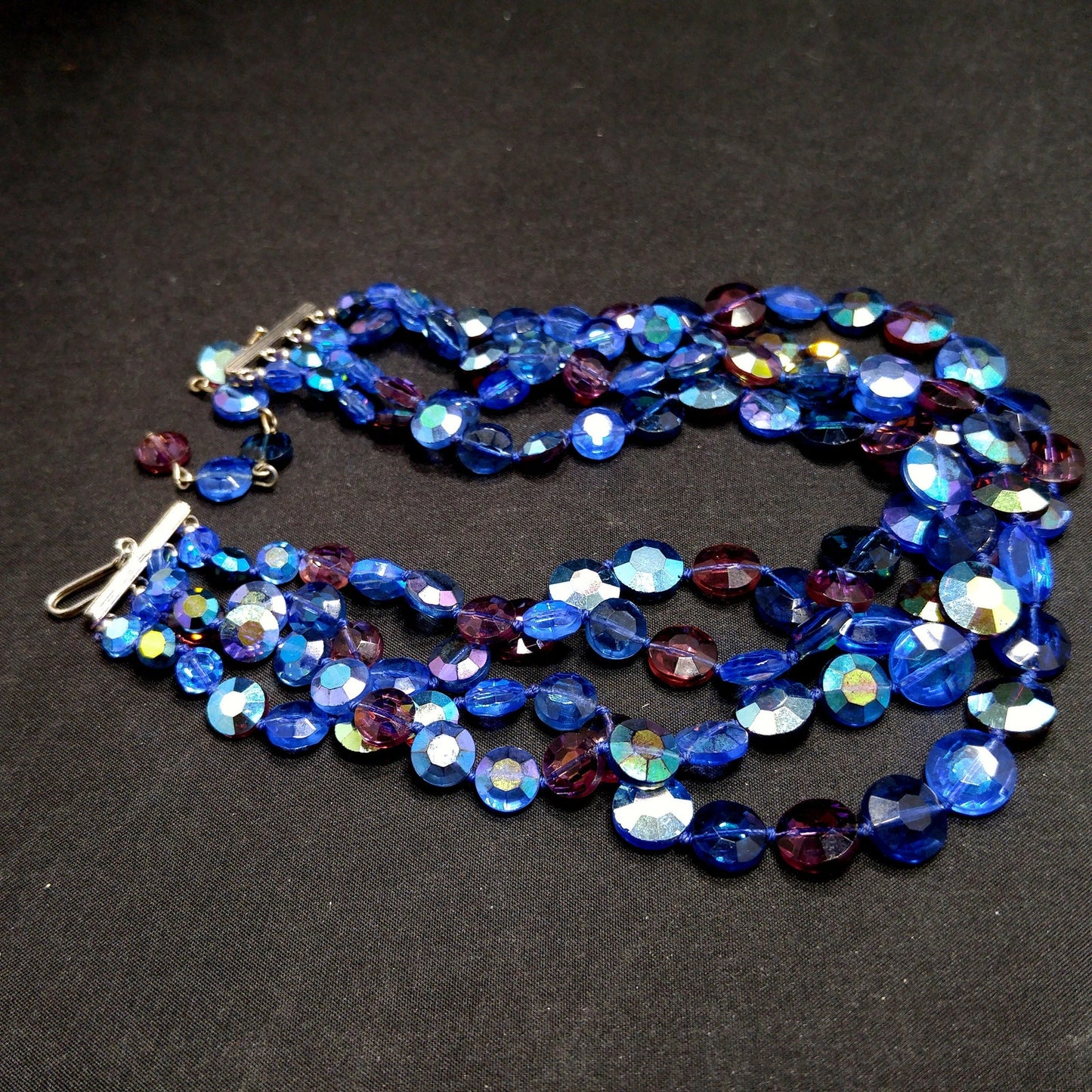 Blue Purple Aurora Borealis Necklace, Hand Knotted Four Strands, 1950s Vintage Jewelry