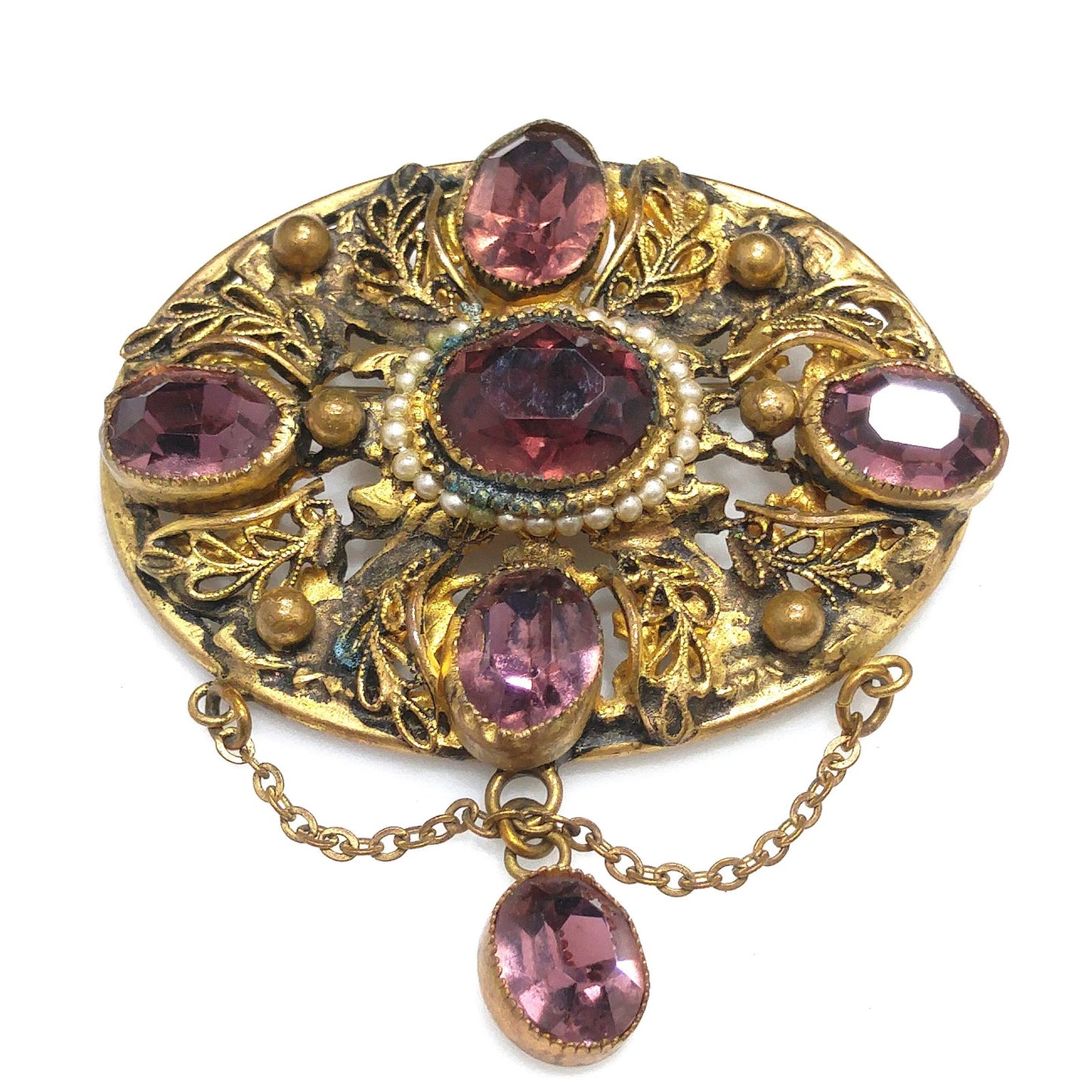 Art Nouveau Purple Czech Brooch, Purple Oval Dangle Rhinestone, 1930s Vintage Jewelry