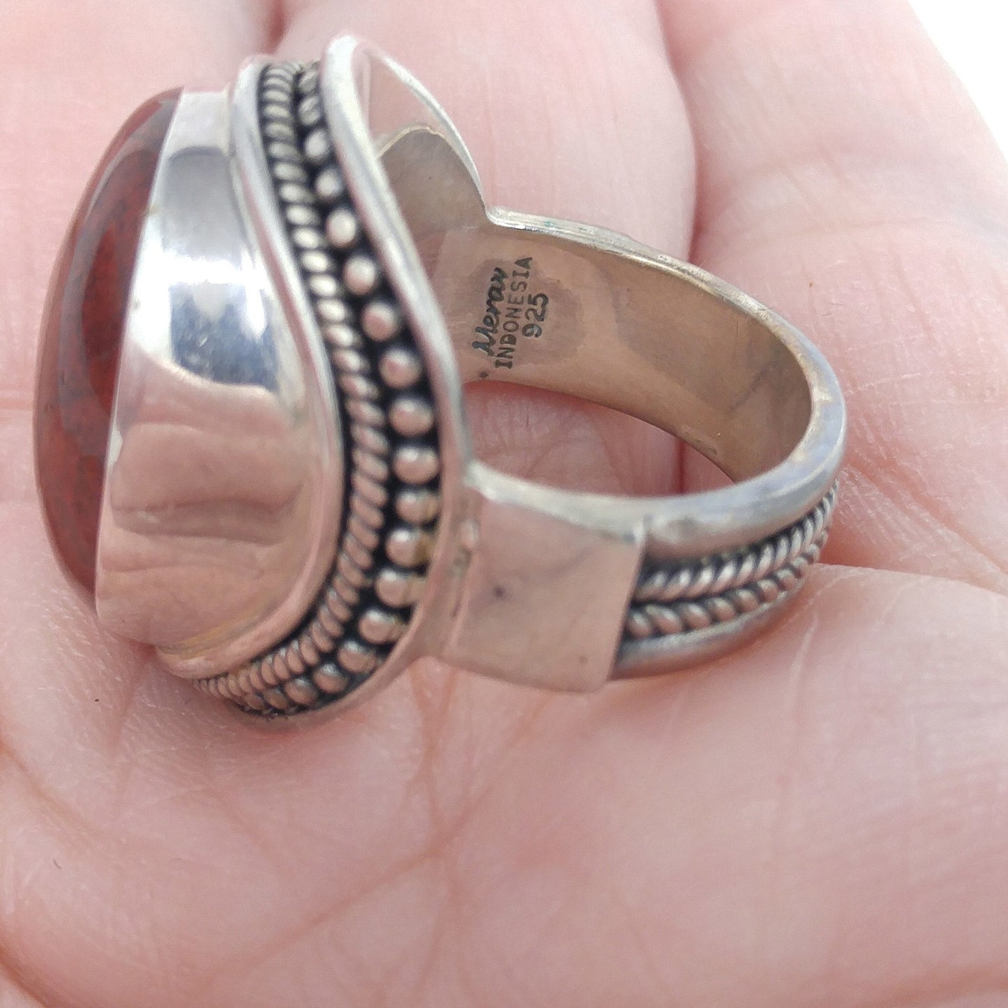 Meran Indonesia Sterling Silver Ring, Large Red Gemstone, Vintage Size 7, 925