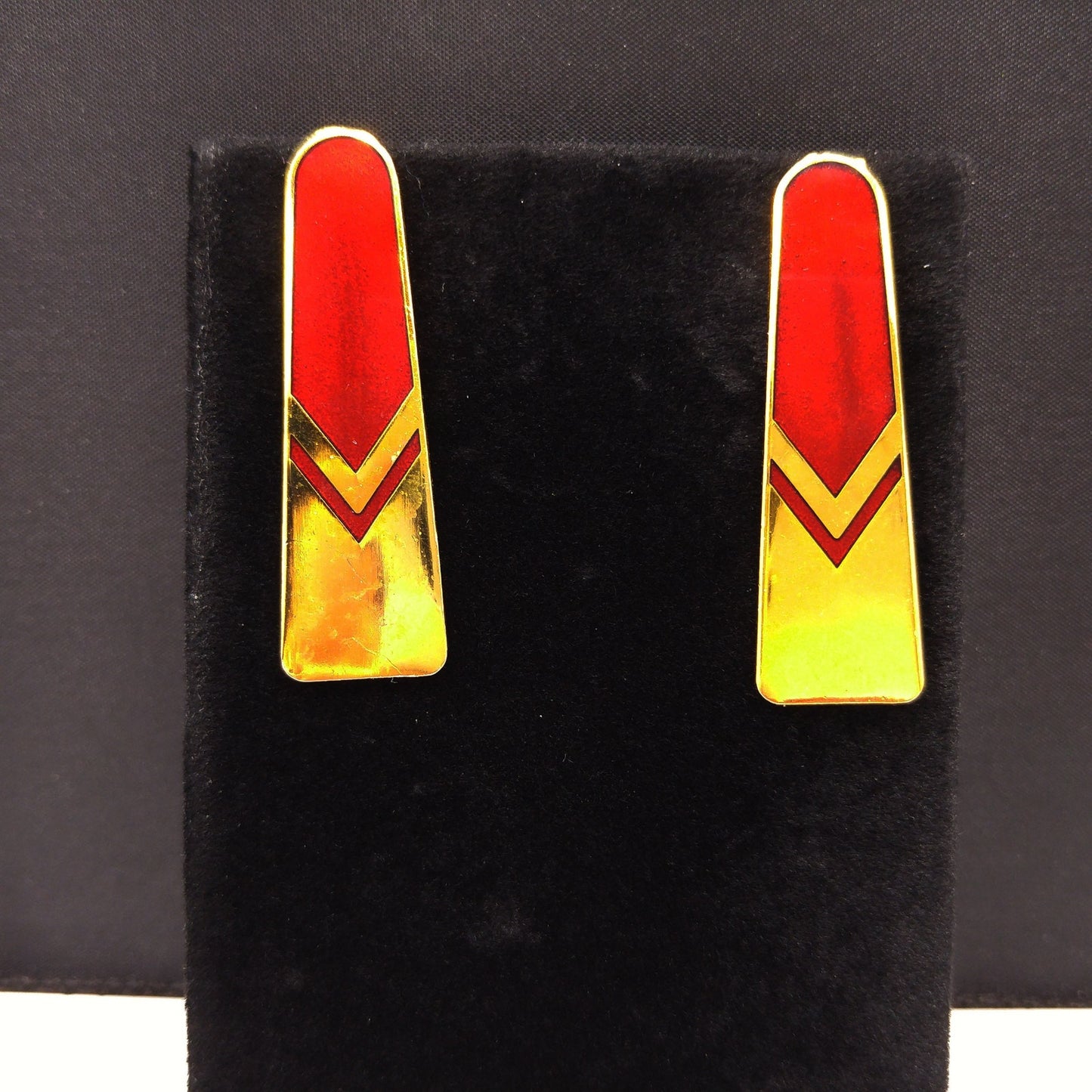 Vintage Laurel Burch Gold Red Chevron Post Earrings, 1980s, Gold Plated