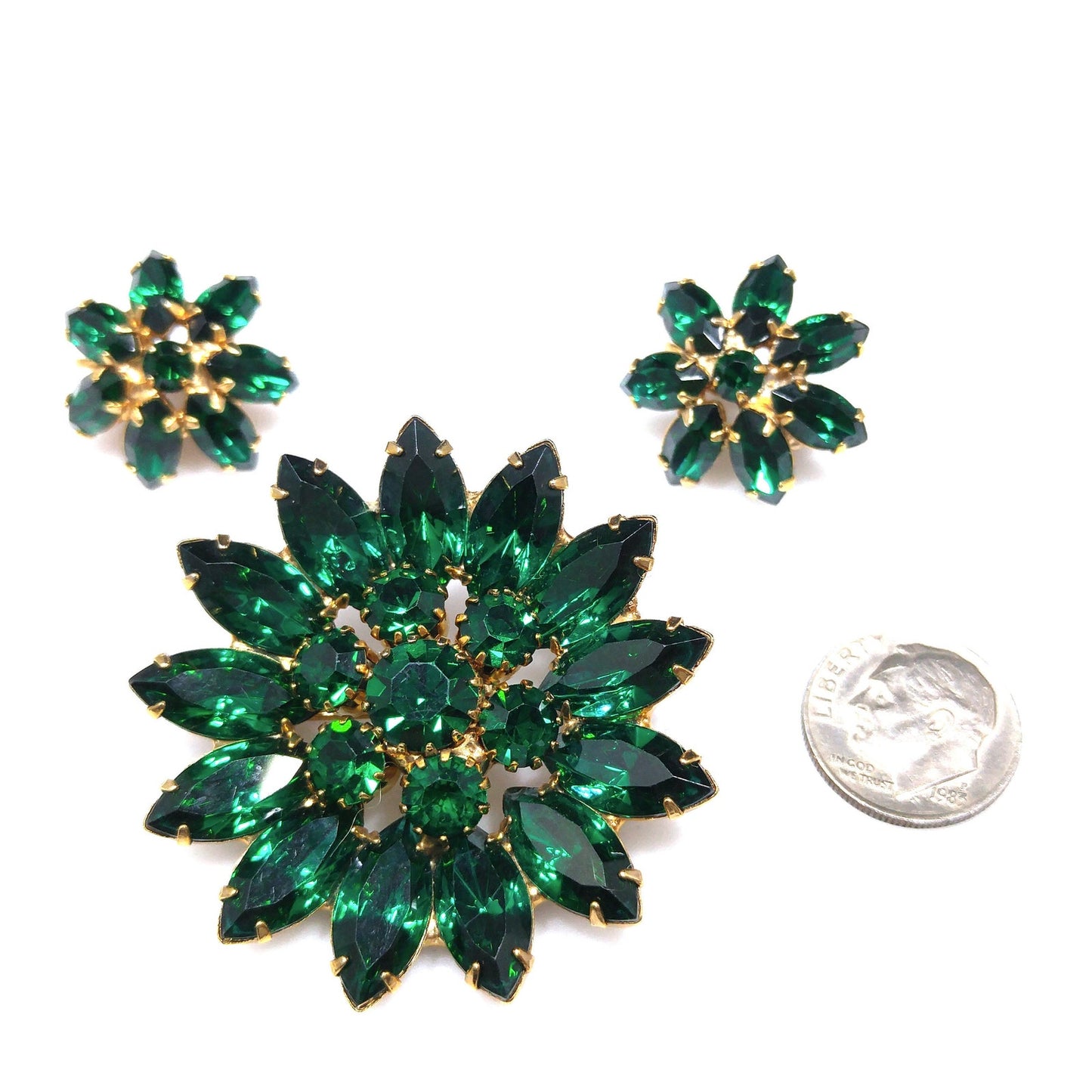 Emerald Green Rhinestone Floral Brooch & Earrings, Gold Plated, 1960s Vintage Jewelry