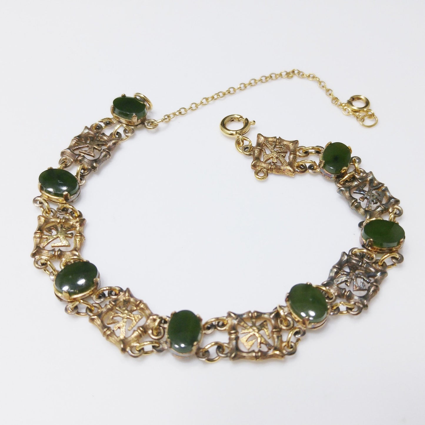 Wells Sterling Chrysoprase Gemstone Bracelet, Mid Century Vintage Asian Bracelet