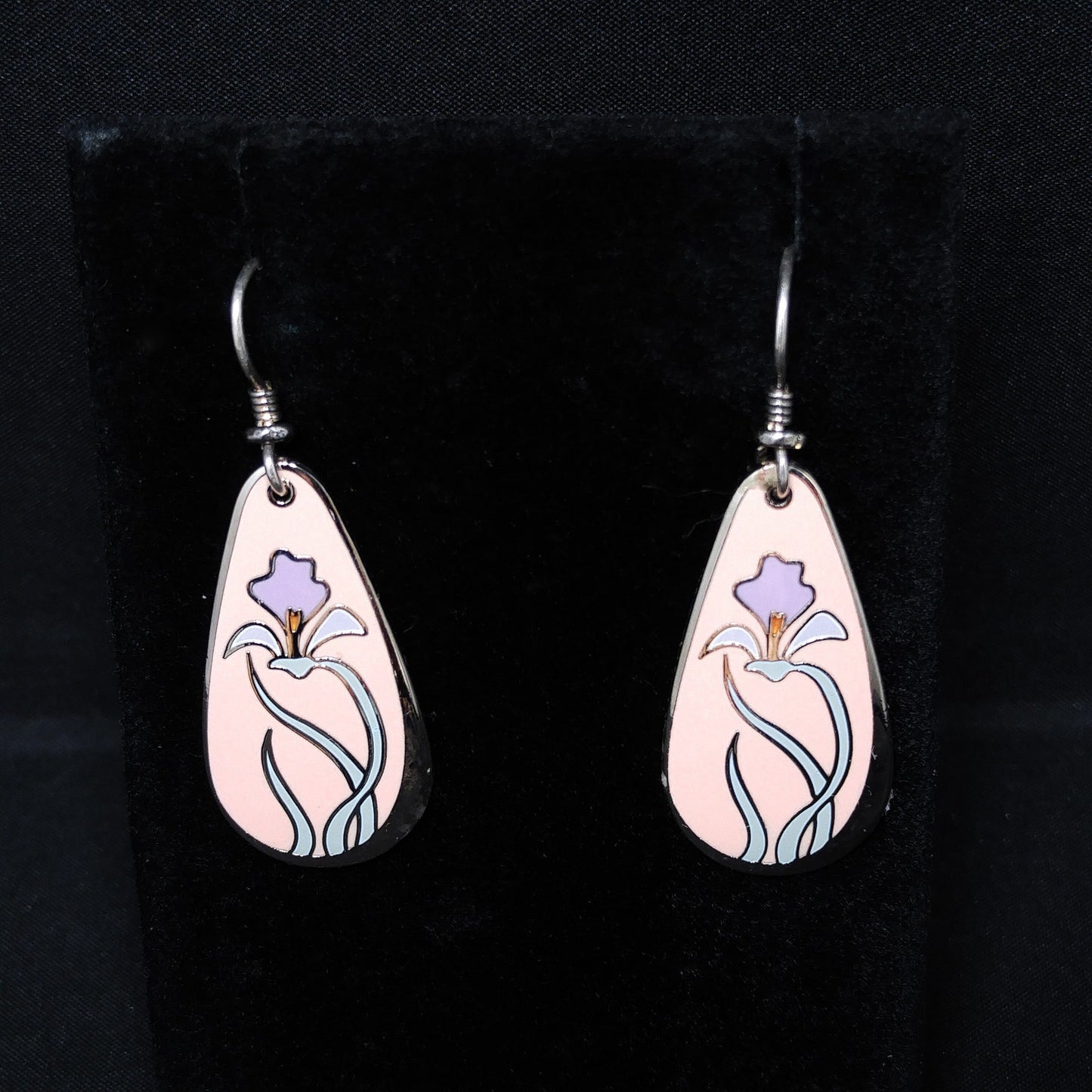 Laurel Burch "Wild Iris" Pink Enamel Earrings, Silver Tone, Gold Plated, 1980s