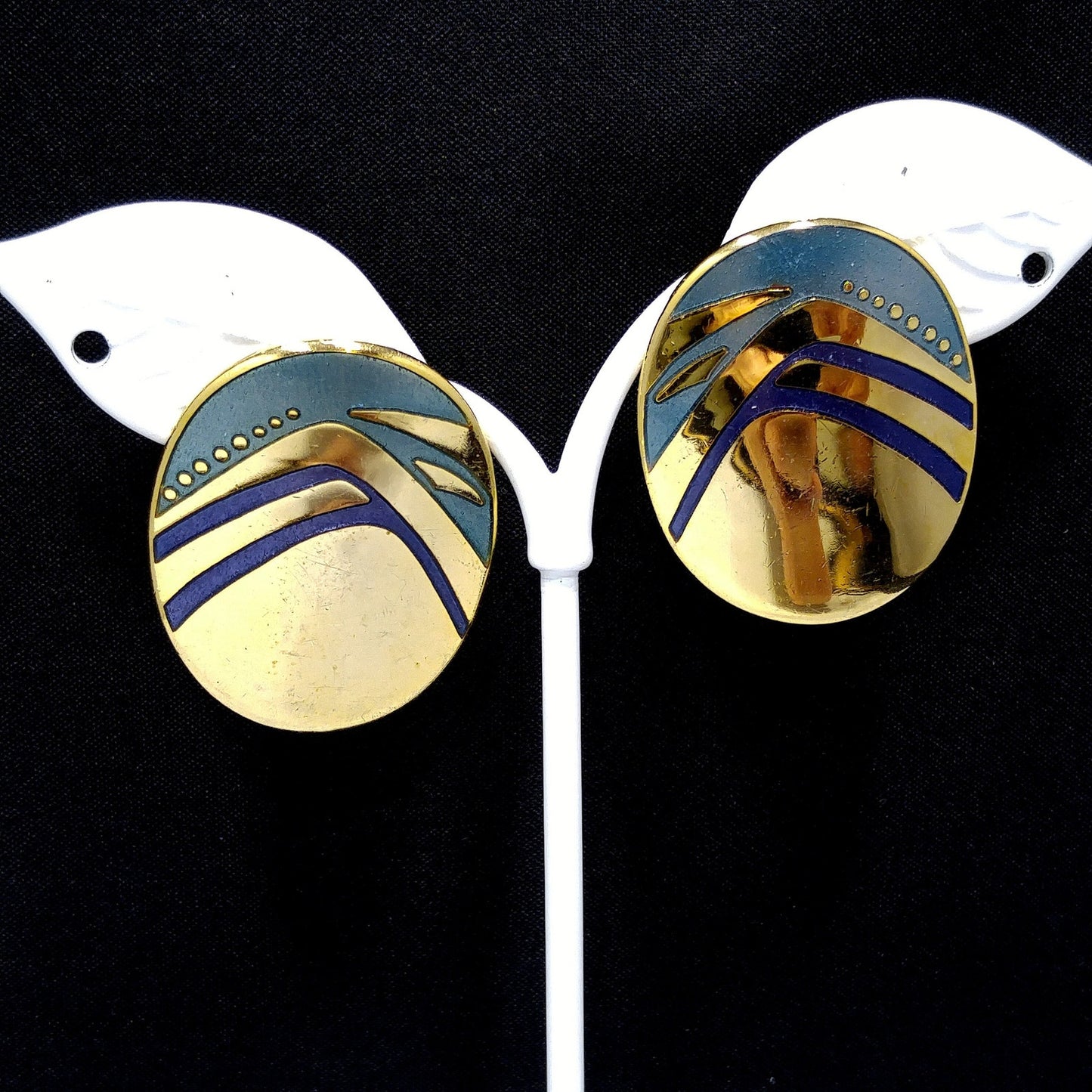 Laurel Burch Blue Metallic Oval Post Earrings, Gold Plated, 1980s Vintage