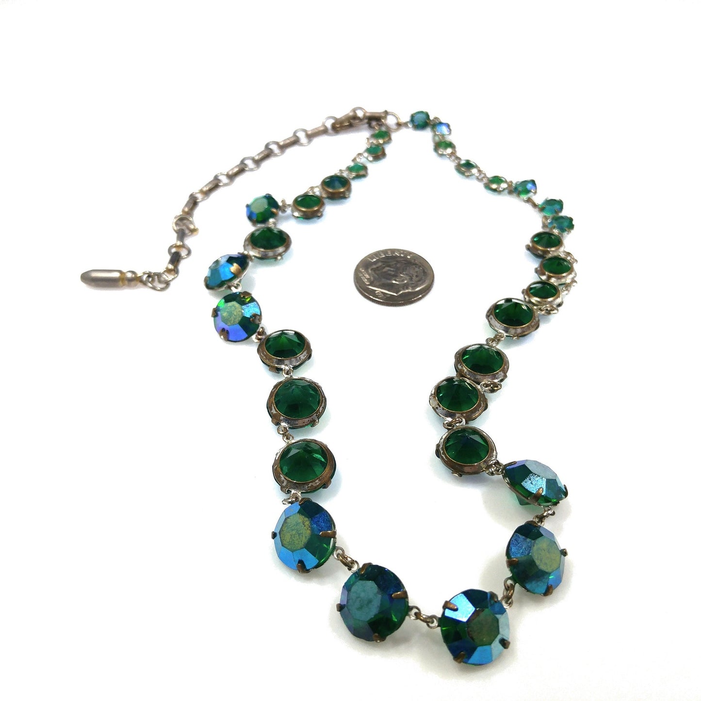 Green Aurora Borealis Crystal Art Deco Rivière Glass Necklace, 20 Inches, 1950s Vintage Jewelry