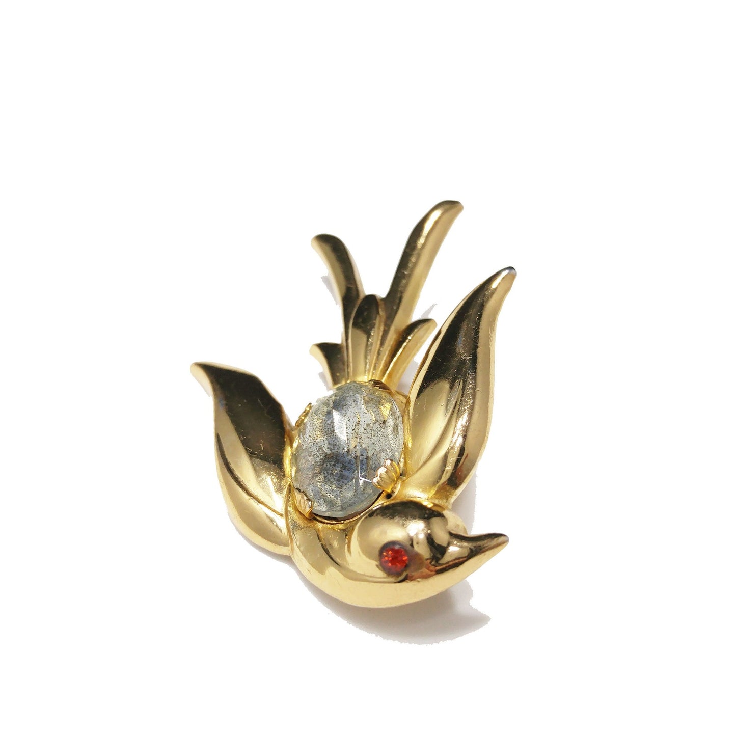 Coro Pegasus Bird Brooch, Clear Faceted Rhinestone Red Eye, 1940s Vintage Jewelry