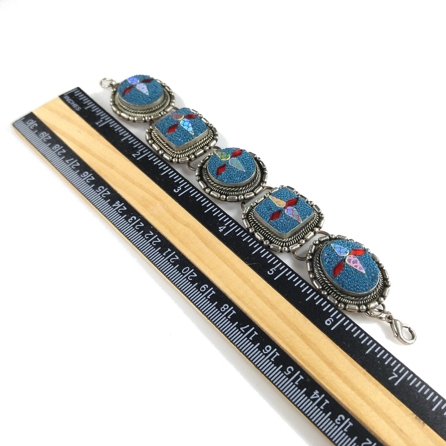 Art Crafted Five Linked Bracelet, Silver Tone, Iridescent Design, 1960s Vintage Jewelry