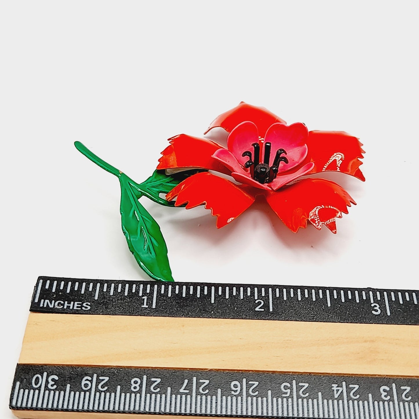 Vintage 1960s Red Green Enamel Flower Brooch
