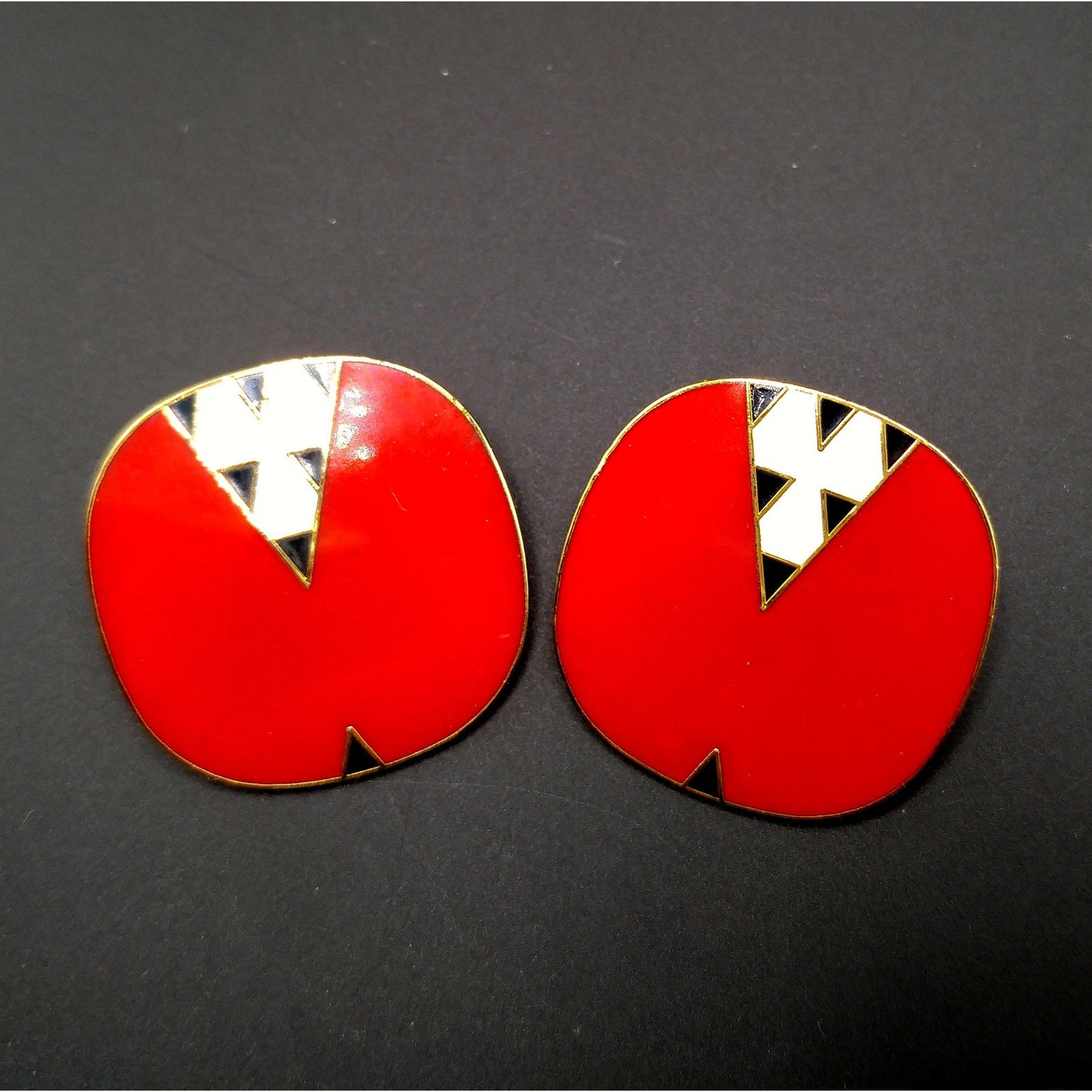 Laurel Burch "Mantra" Large Clip Earrings, Red White Black Enamel, Gold Plated, 1980s Vintage Jewelry