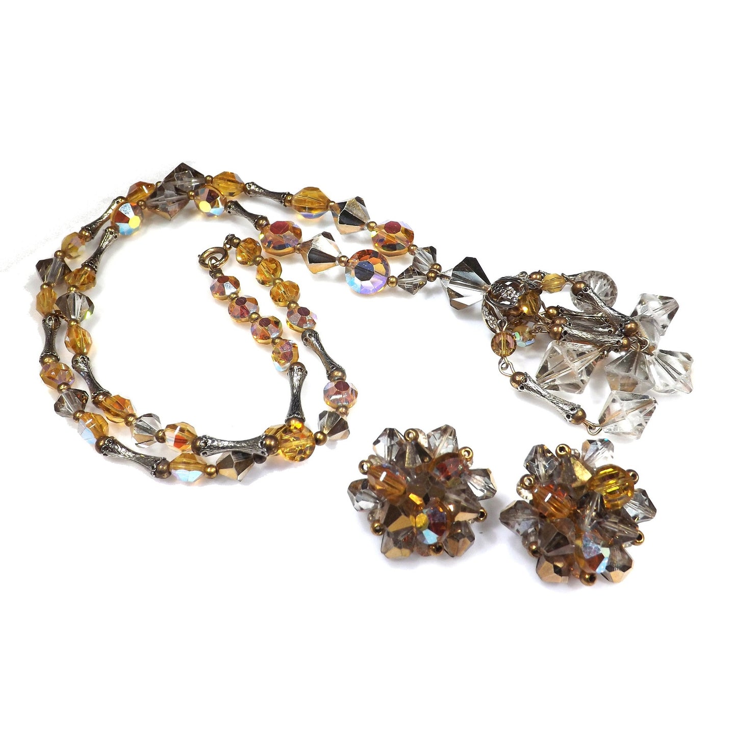 Topaz Crystal Aurora Borealis Gold Filigree Tassel Necklace Earrings, Swarovski Vintage Crystals, 1970s Vintage Jewelry