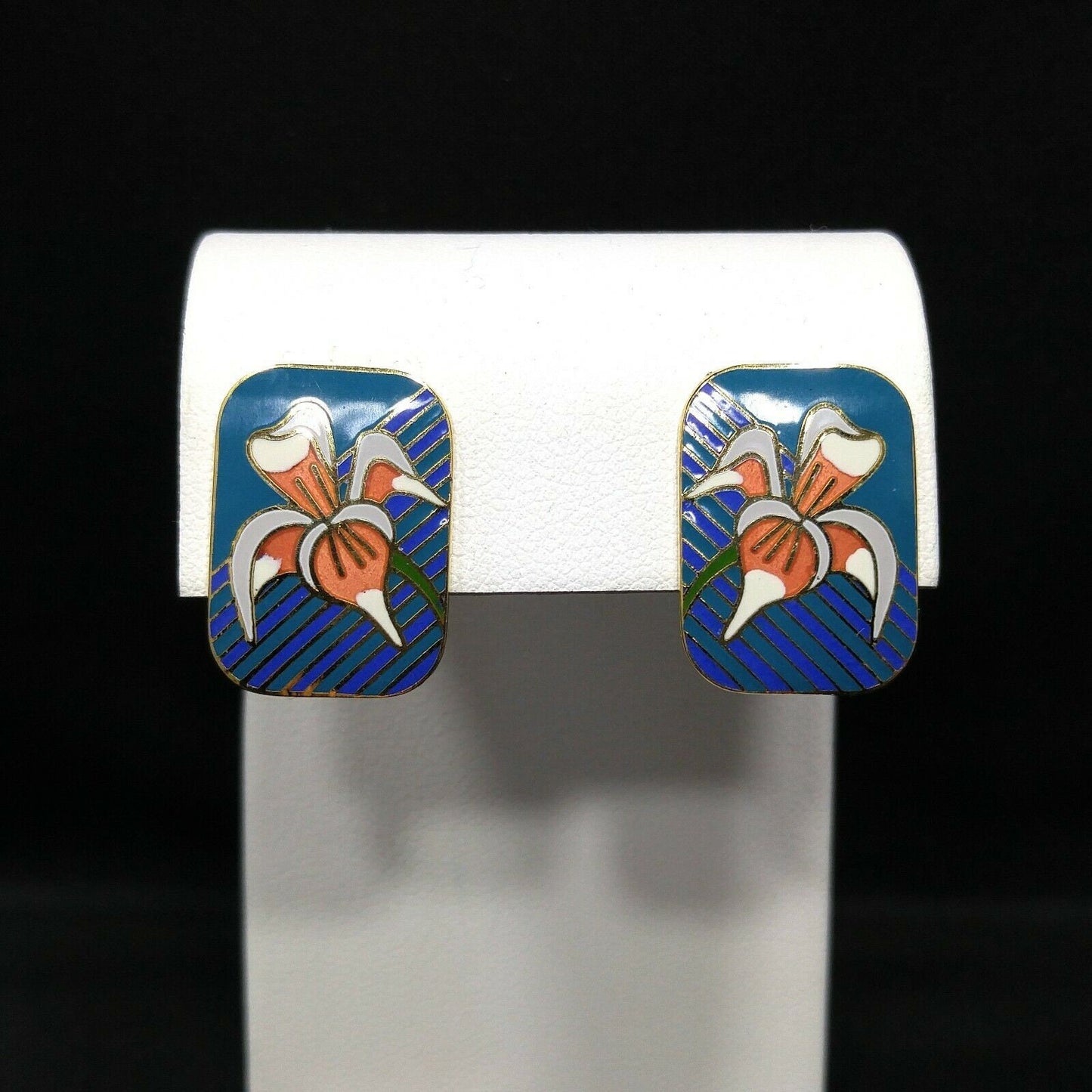 Laurel Burch Gold Plate "Iris" Teal Blue & Orange Enamel Cloisonne, 1980s